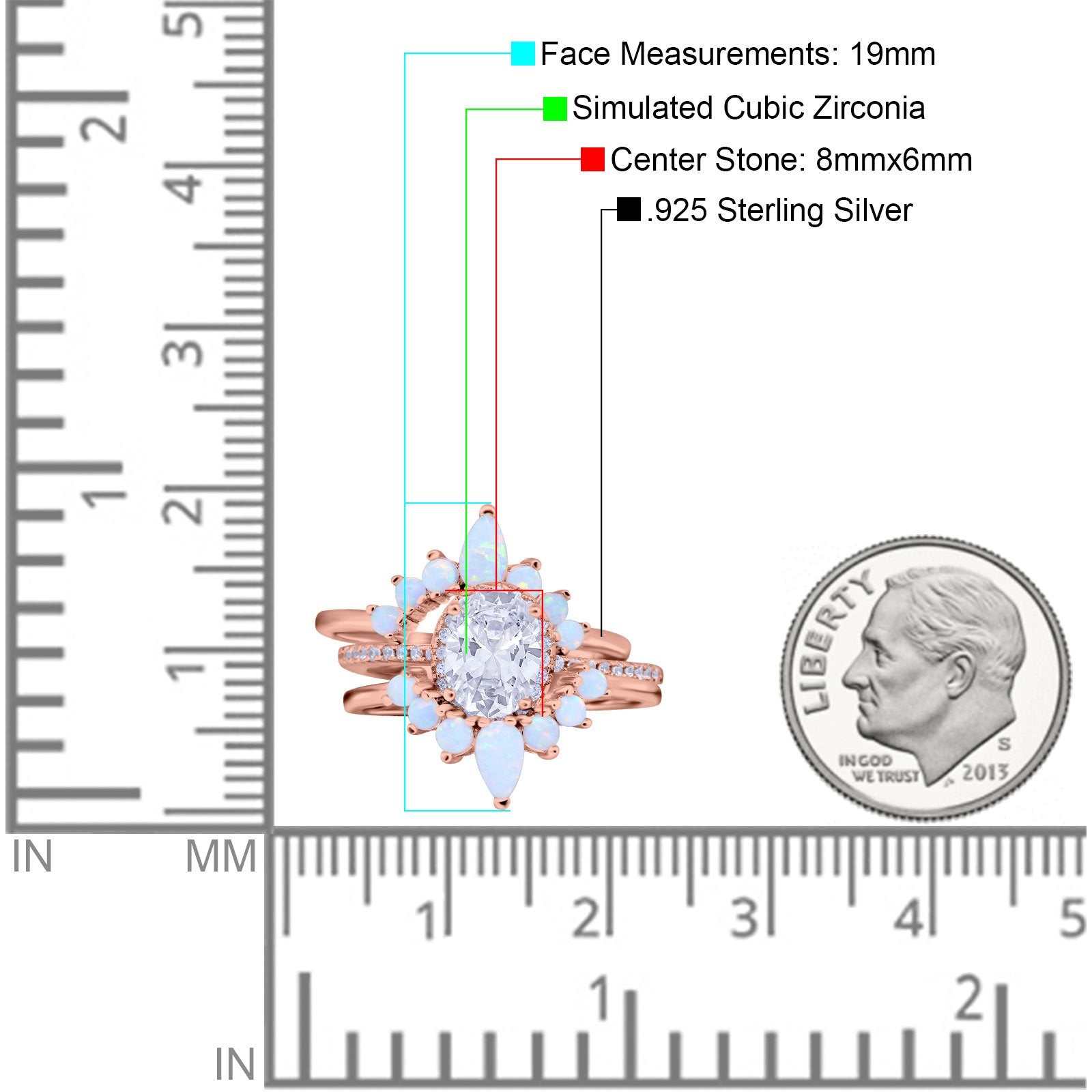 Three Piece Set Oval Lab White Opal Teardrop Art Deco Wedding Ring Vintage Band Simulated Cubic Zirconia Solid 925 Sterling Silver