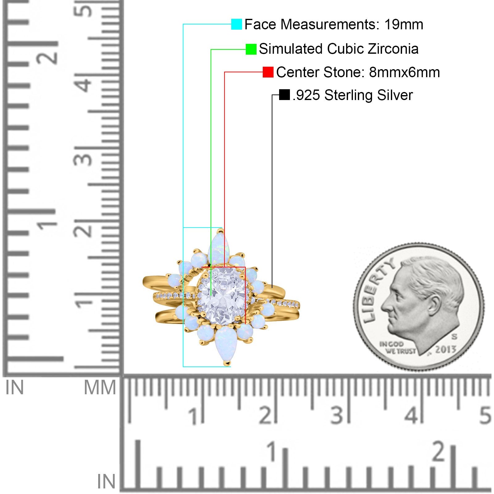 Three Piece Set Oval Lab White Opal Teardrop Art Deco Wedding Ring Vintage Band Simulated Cubic Zirconia Solid 925 Sterling Silver