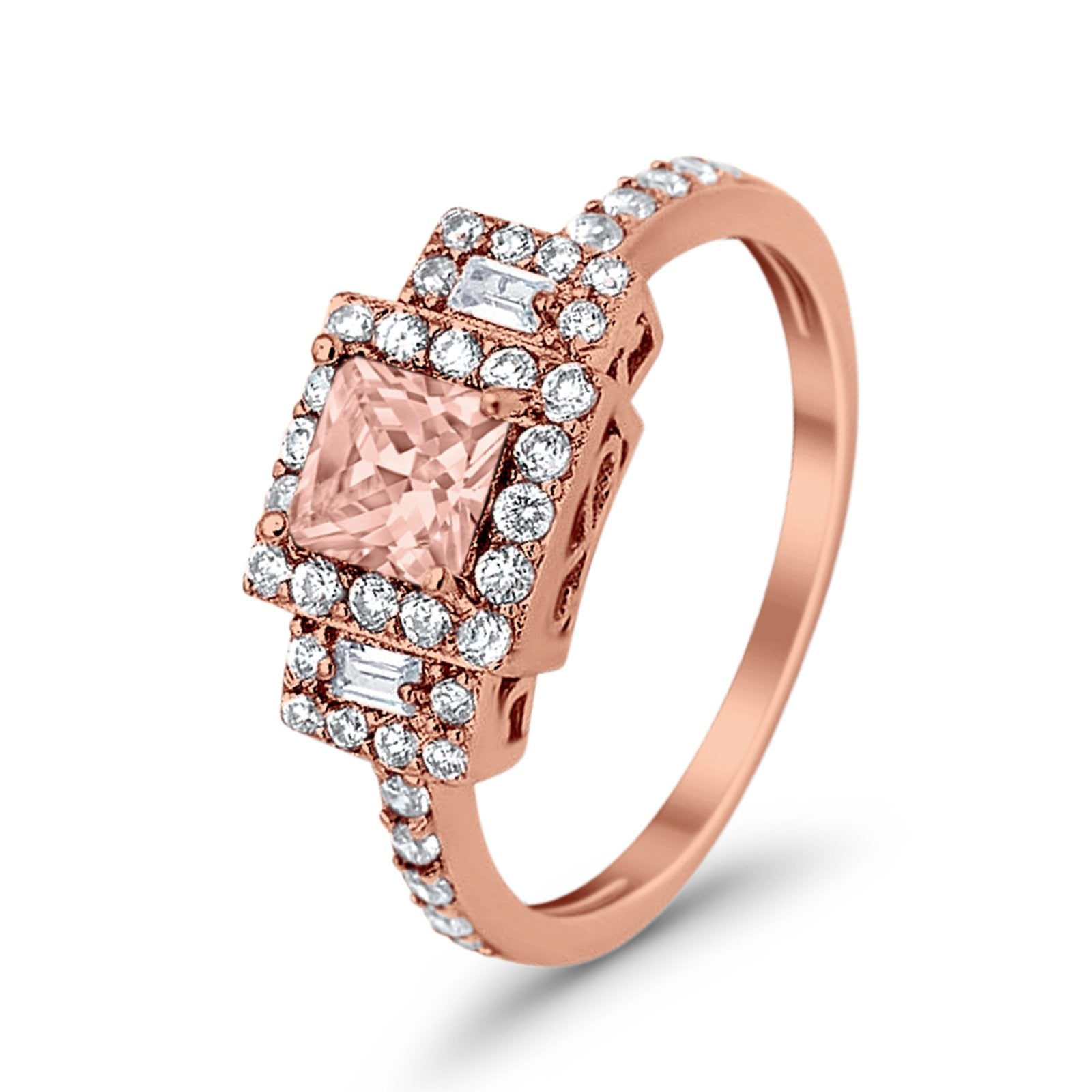 Halo Wedding Ring Baguette Simulated Cubic Zirconia 925 Sterling Silver