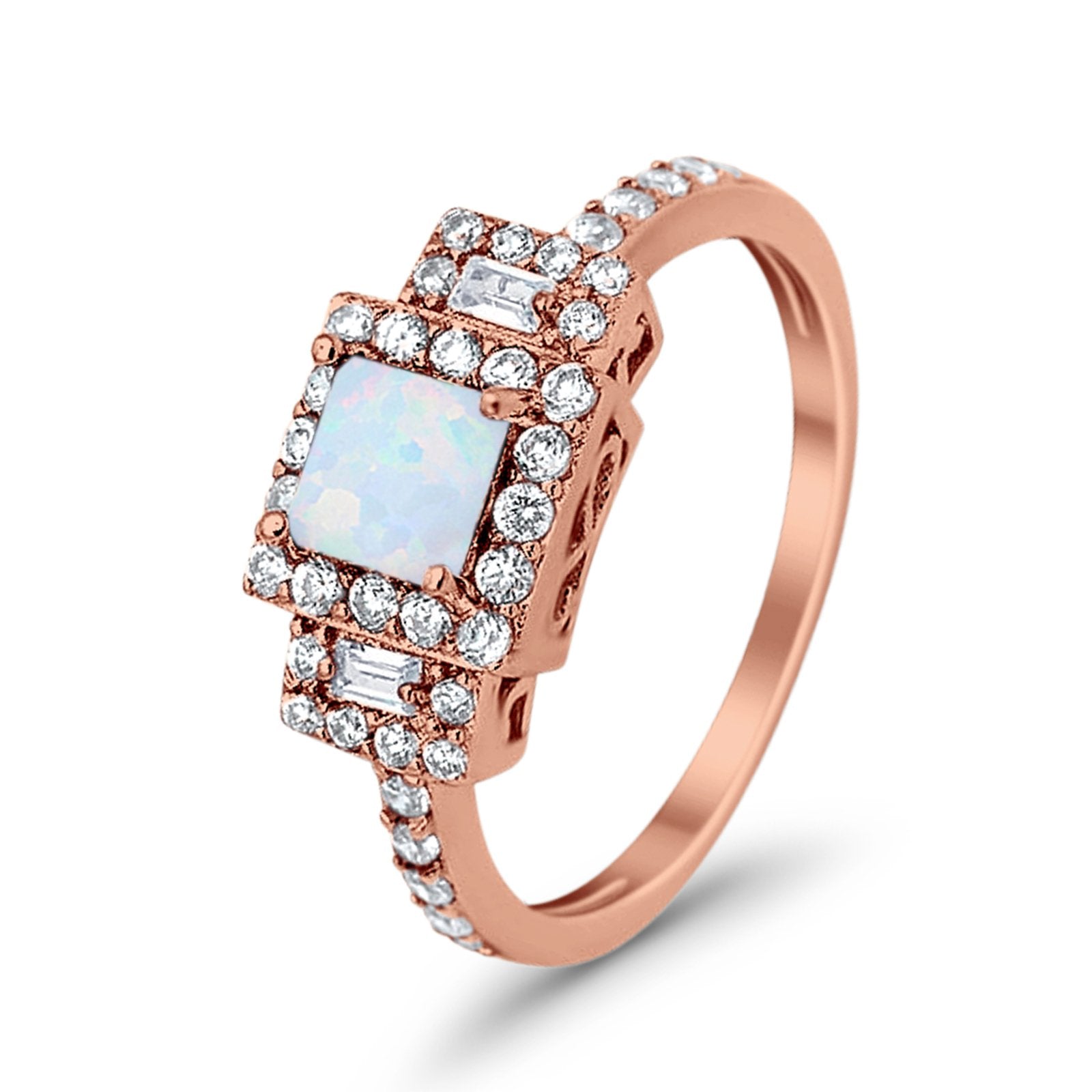 Halo Wedding Ring Baguette Simulated Cubic Zirconia 925 Sterling Silver