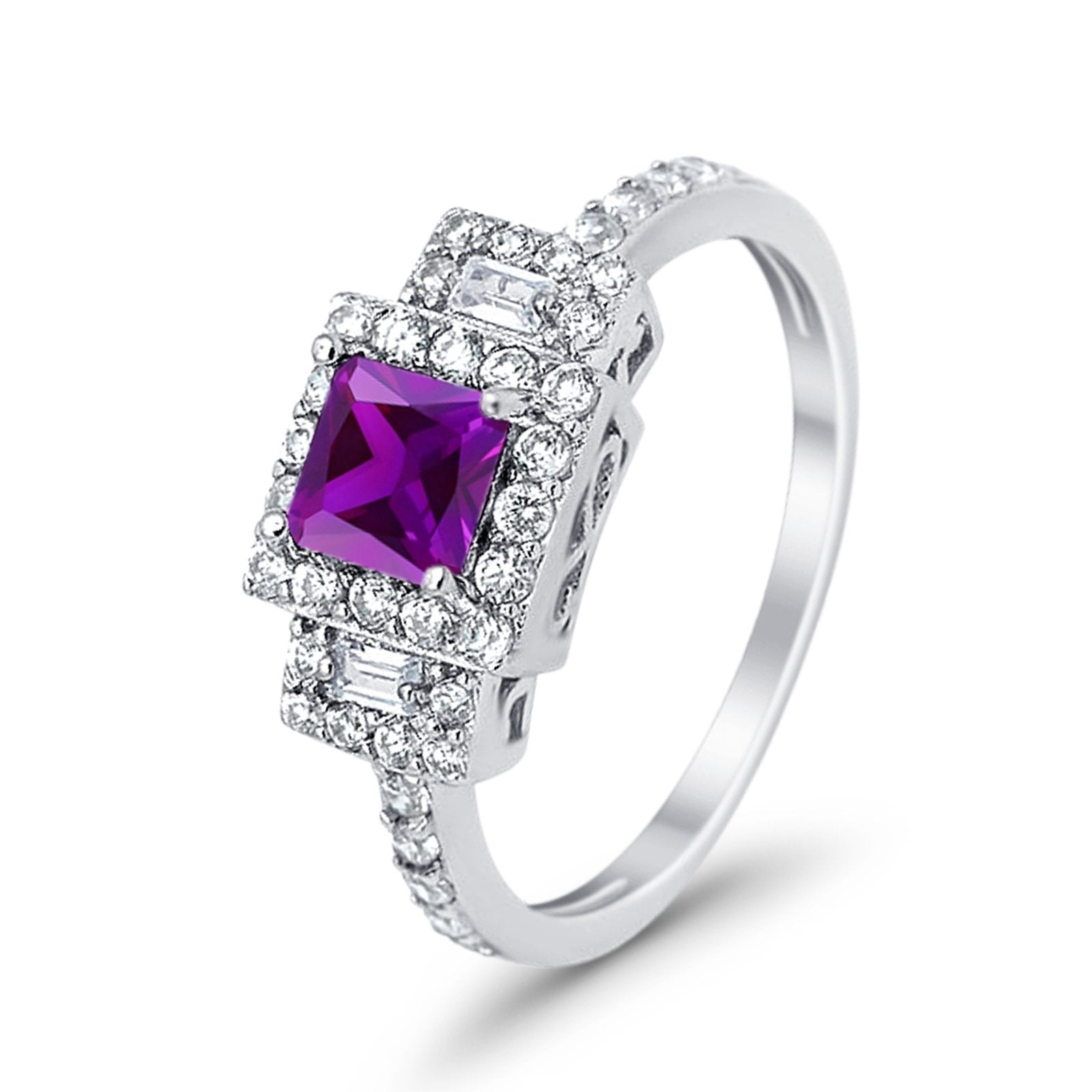 Halo Wedding Ring Baguette Simulated Cubic Zirconia 925 Sterling Silver