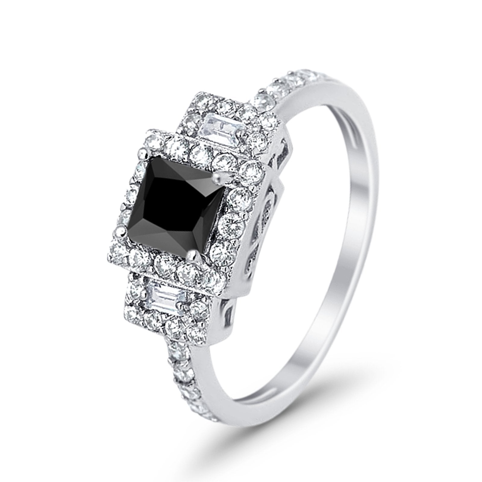 Halo Wedding Ring Baguette Simulated Cubic Zirconia 925 Sterling Silver