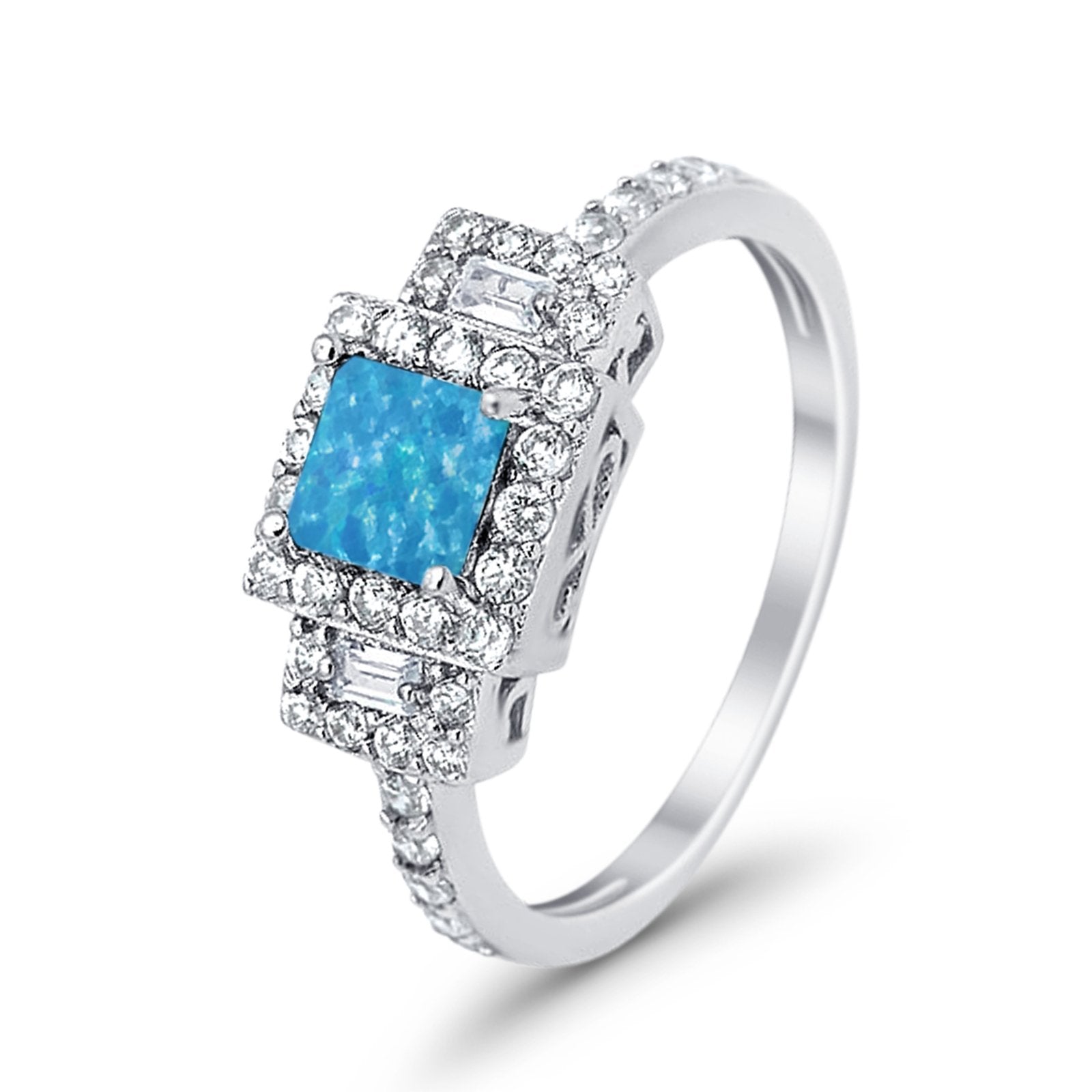 Halo Wedding Ring Baguette Simulated Cubic Zirconia 925 Sterling Silver