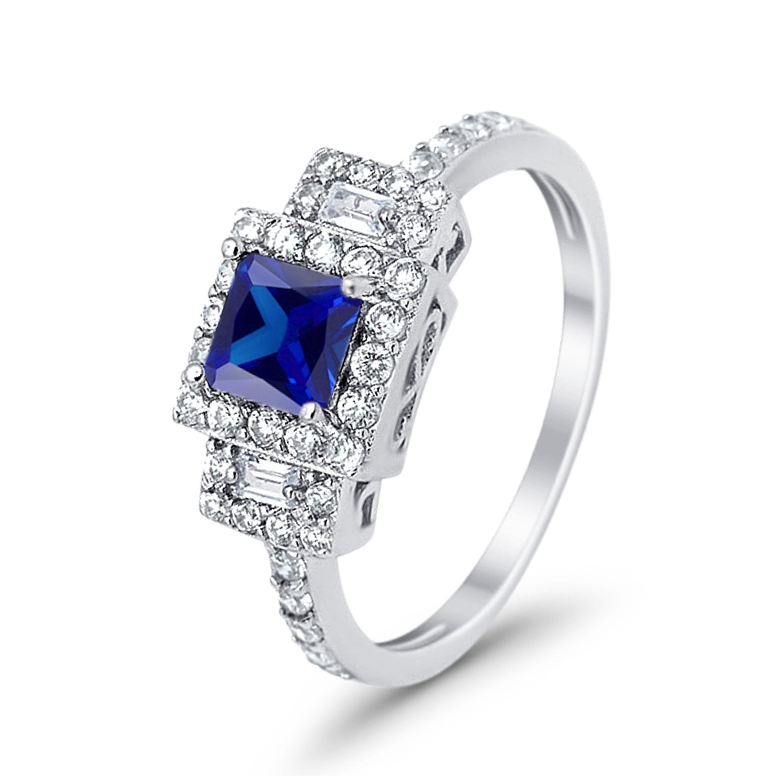 Halo Wedding Ring Baguette Simulated Cubic Zirconia 925 Sterling Silver