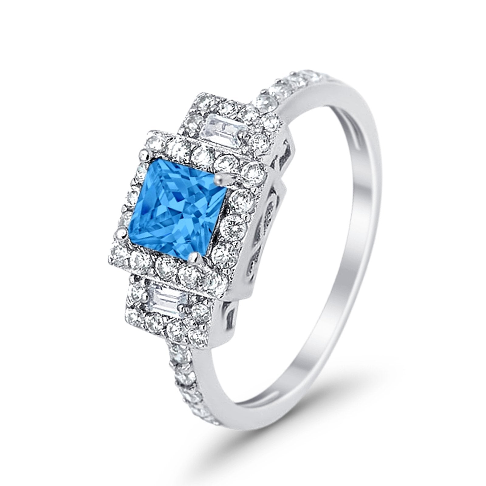 Halo Wedding Ring Baguette Simulated Cubic Zirconia 925 Sterling Silver