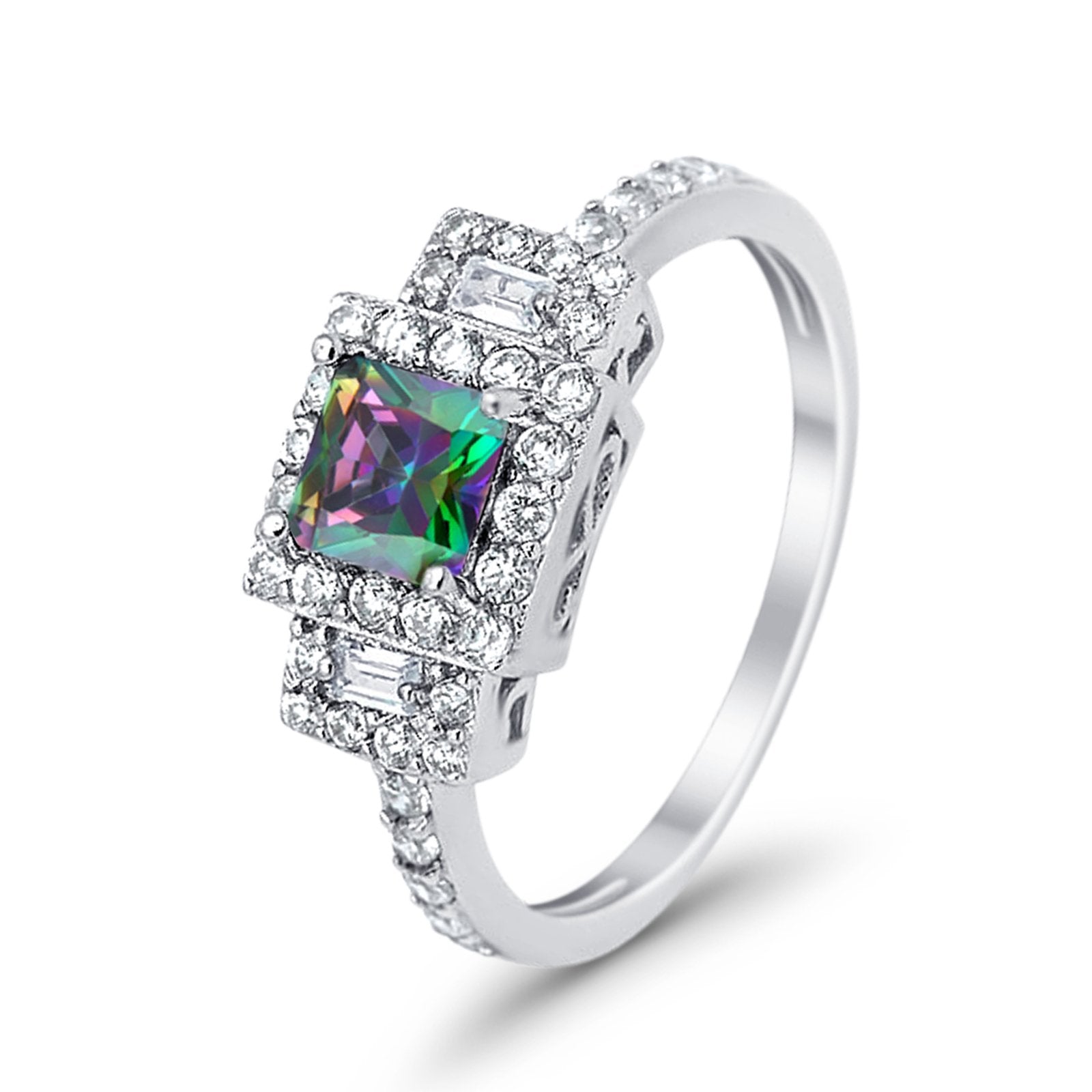 Halo Wedding Ring Baguette Simulated Cubic Zirconia 925 Sterling Silver