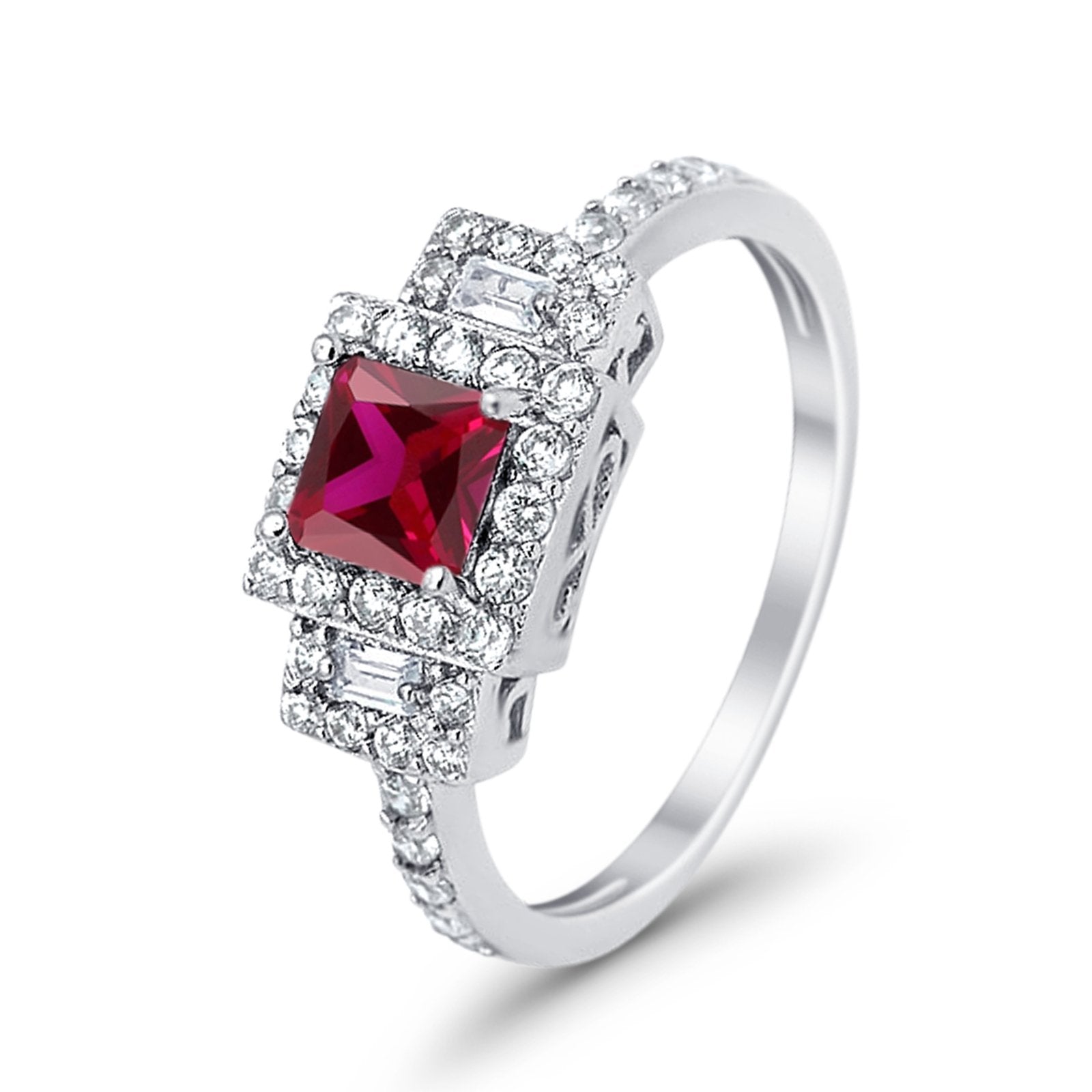 Halo Wedding Ring Baguette Simulated Cubic Zirconia 925 Sterling Silver