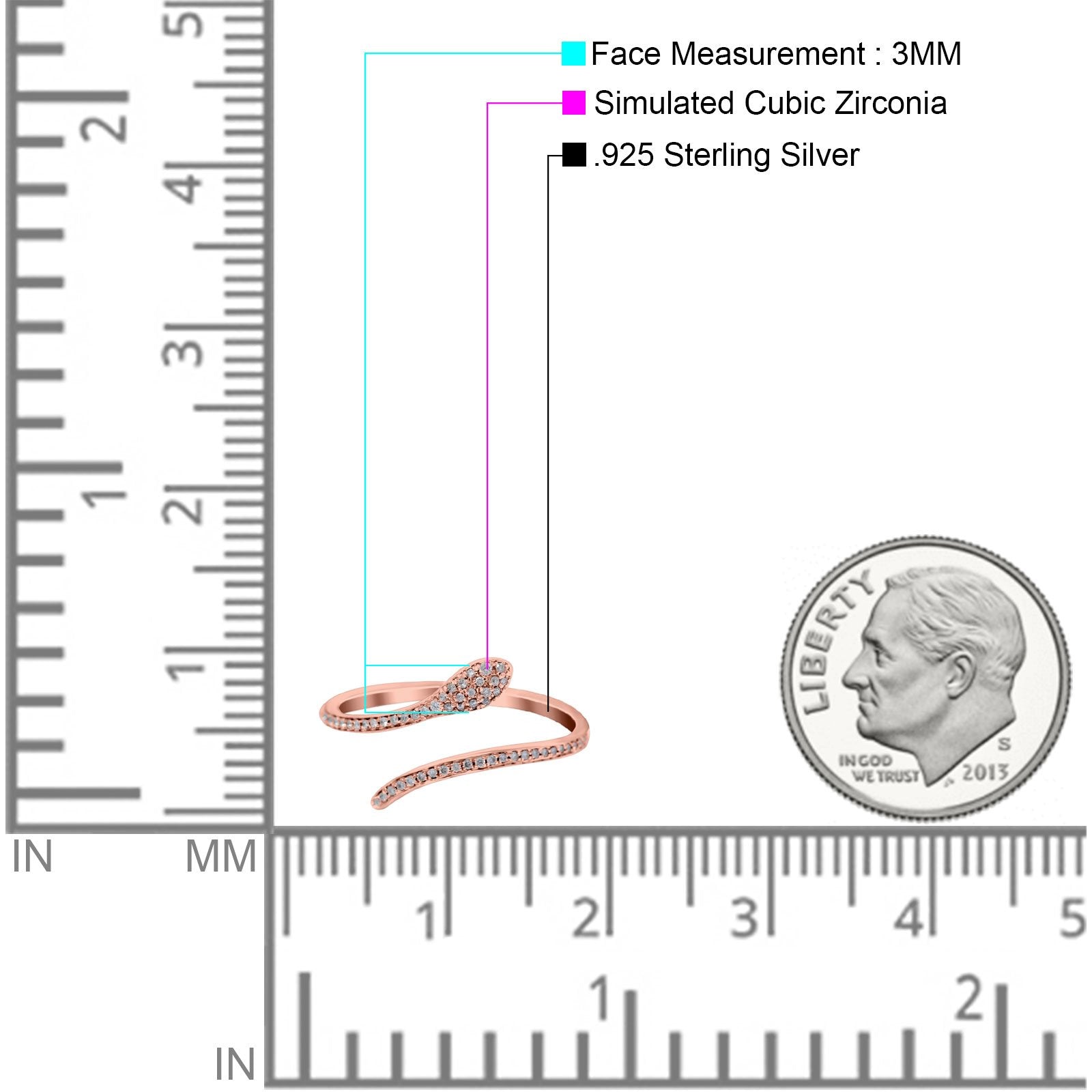 Petite Dainty Snake Ring Band Round Simulated Cubic Zirconia 925 Sterling Silver (3mm)