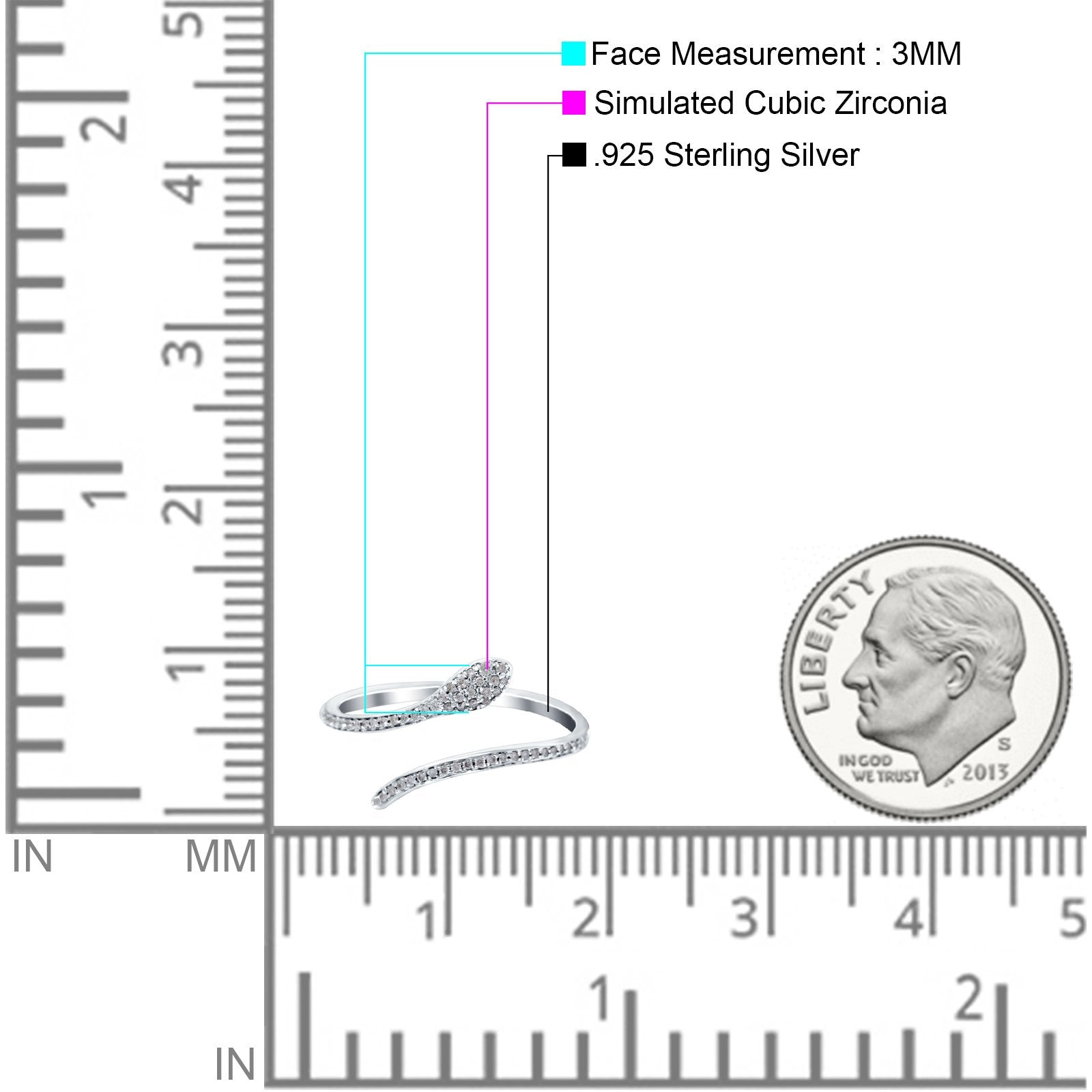Petite Dainty Snake Ring Band Round Simulated Cubic Zirconia 925 Sterling Silver (3mm)