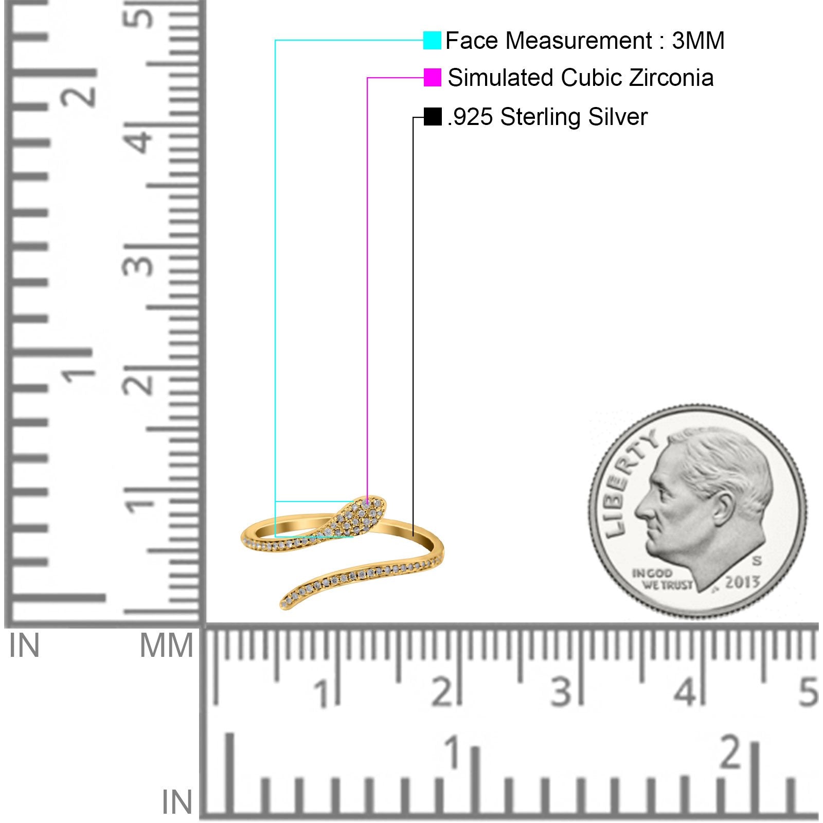 Petite Dainty Snake Ring Band Round Simulated Cubic Zirconia 925 Sterling Silver (3mm)