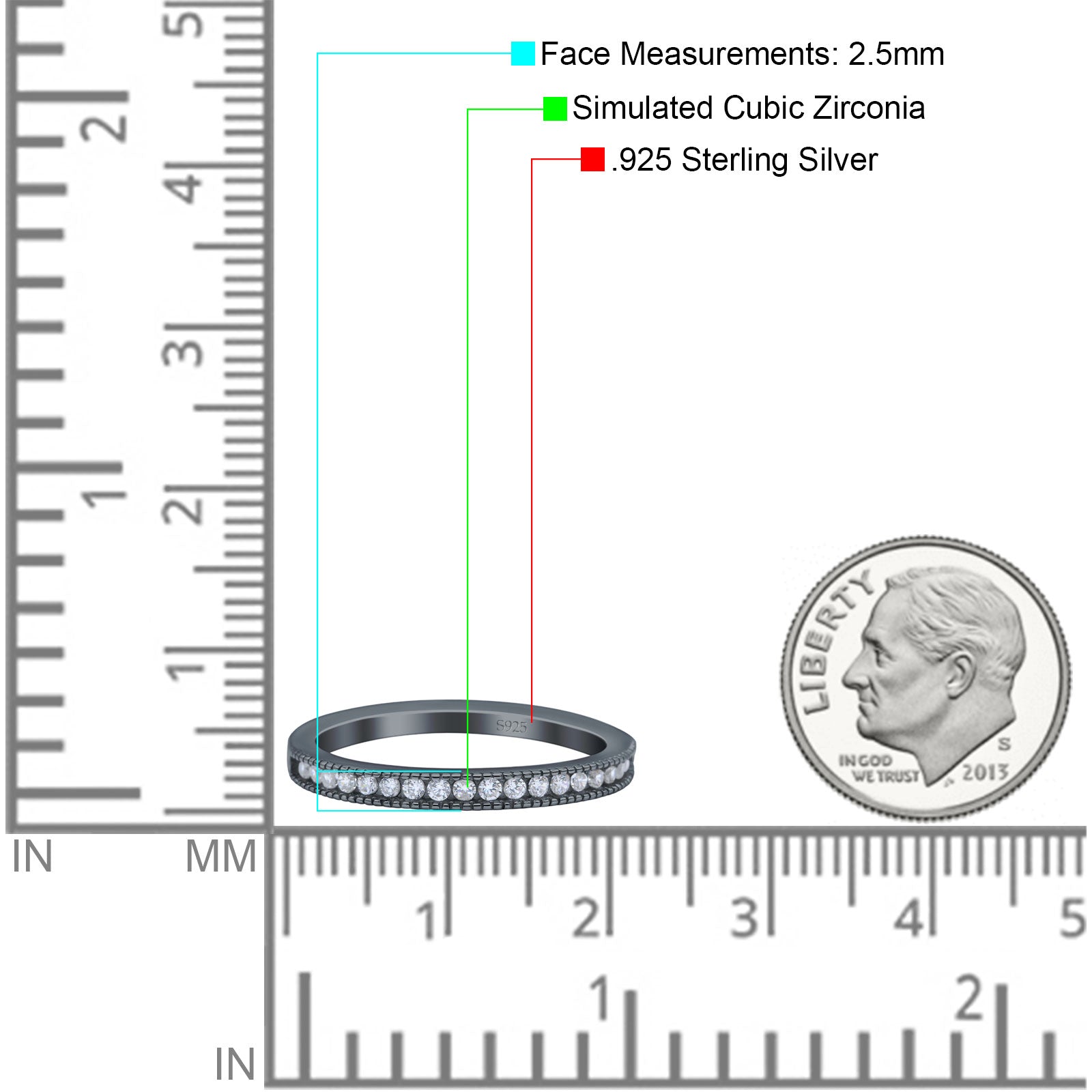 Half Eternity Ring Wedding Engagement Band Round Pave Simulated Cubic Zirconia 925 Sterling Silver (2.5mm)