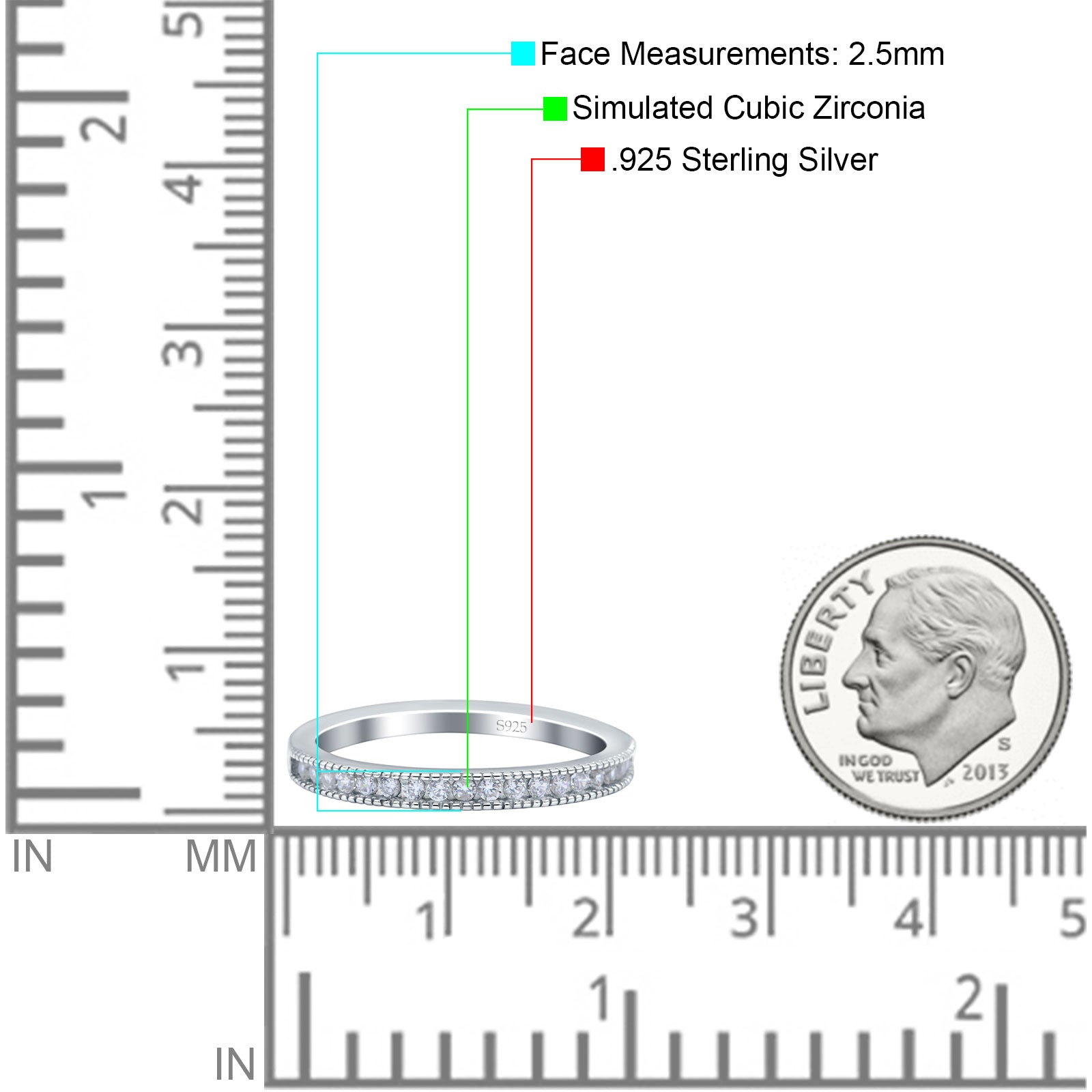 Half Eternity Ring Wedding Engagement Band Round Pave Simulated Cubic Zirconia 925 Sterling Silver (2.5mm)