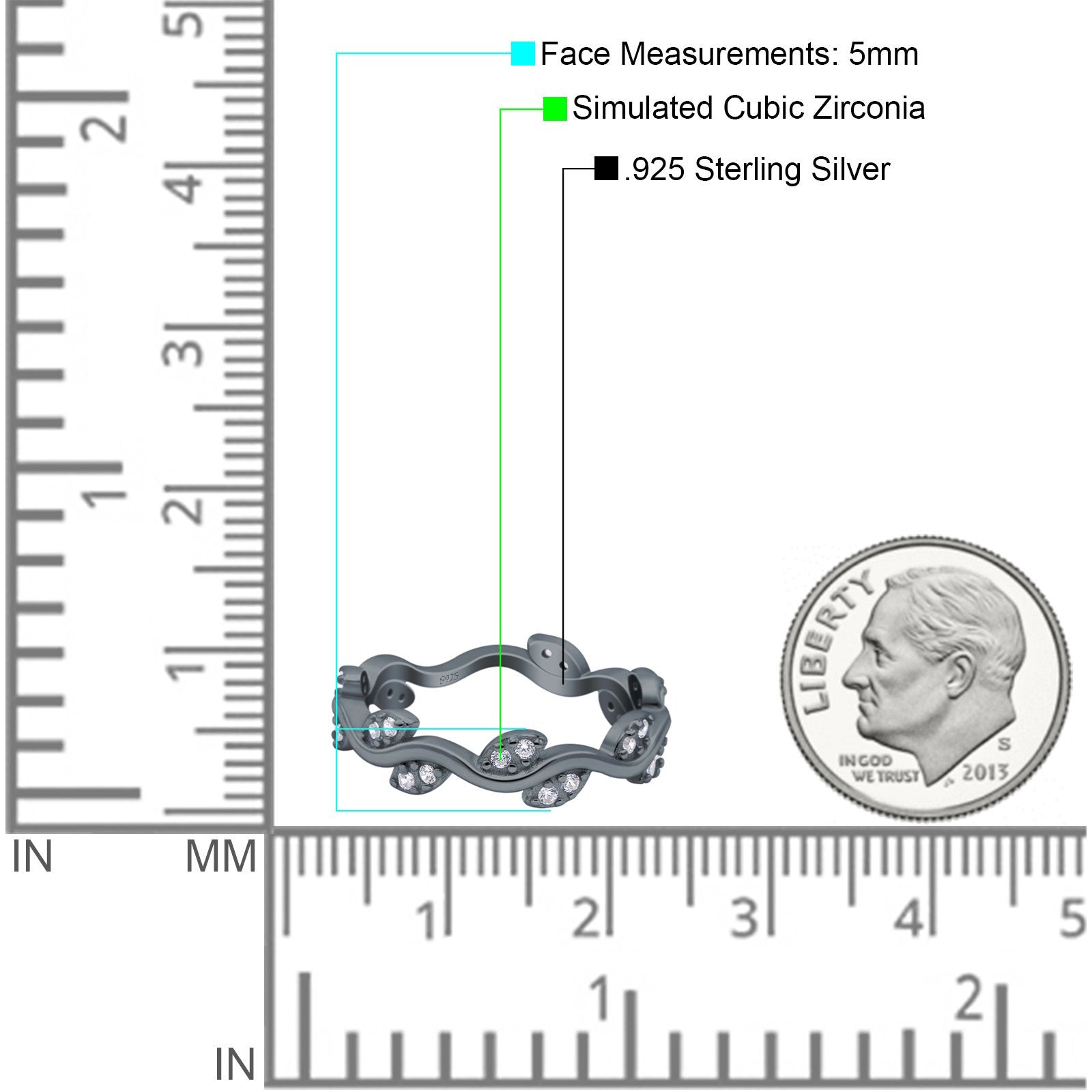 Leaf Eternity Ring Wedding Engagement Band Round Pave Simulated Cubic Zirconia 925 Sterling Silver (5mm)