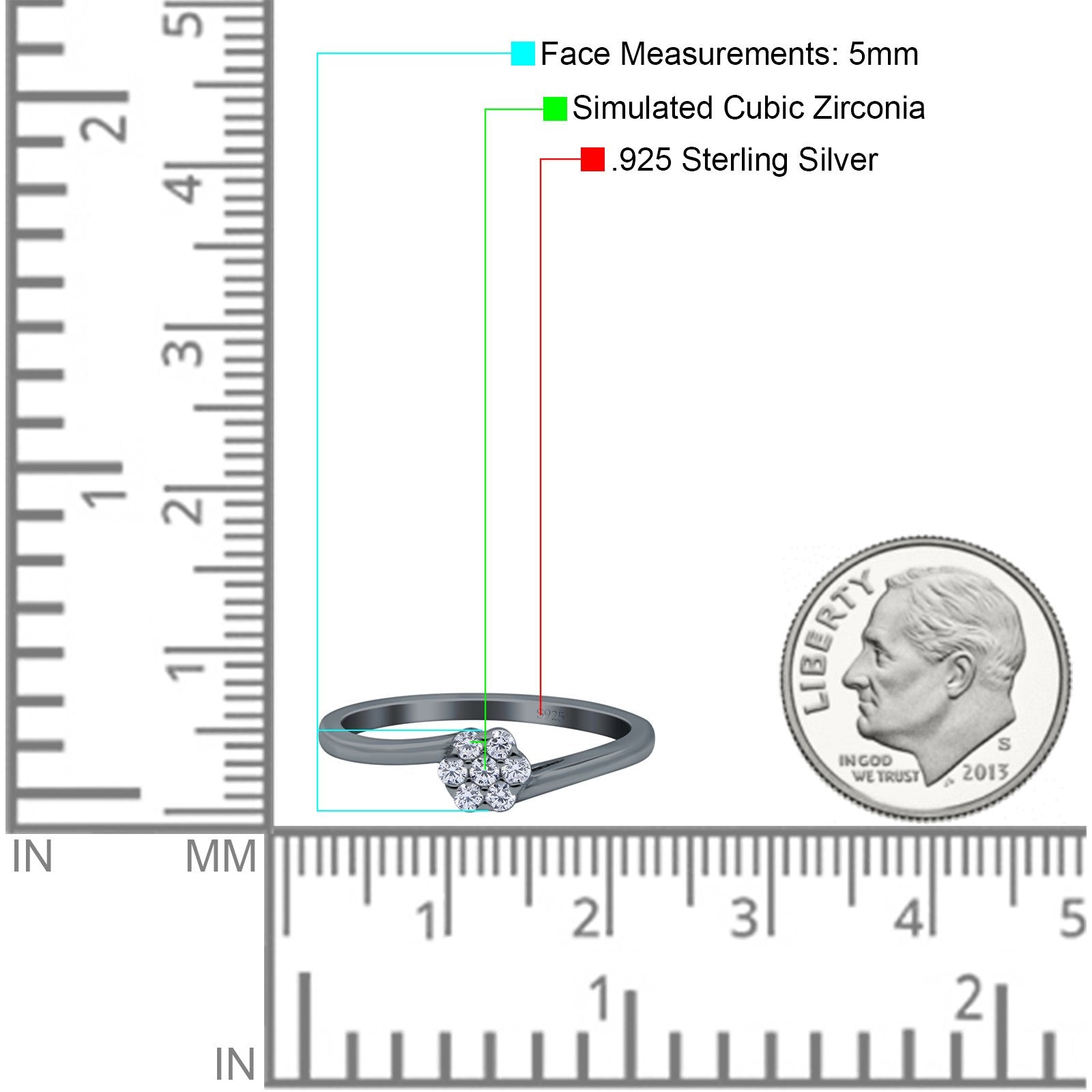 7-Stone Flower Ring Wedding Engagement Band Round Pave Simulated Cubic Zirconia 925 Sterling Silver (5mm)