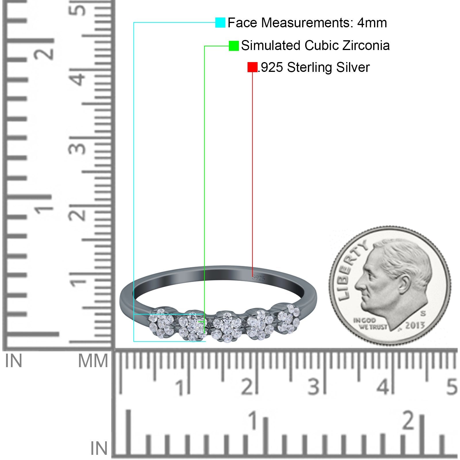 Five Flower Ring Wedding Engagement Band Round Pave Simulated Cubic Zirconia 925 Sterling Silver (4mm)