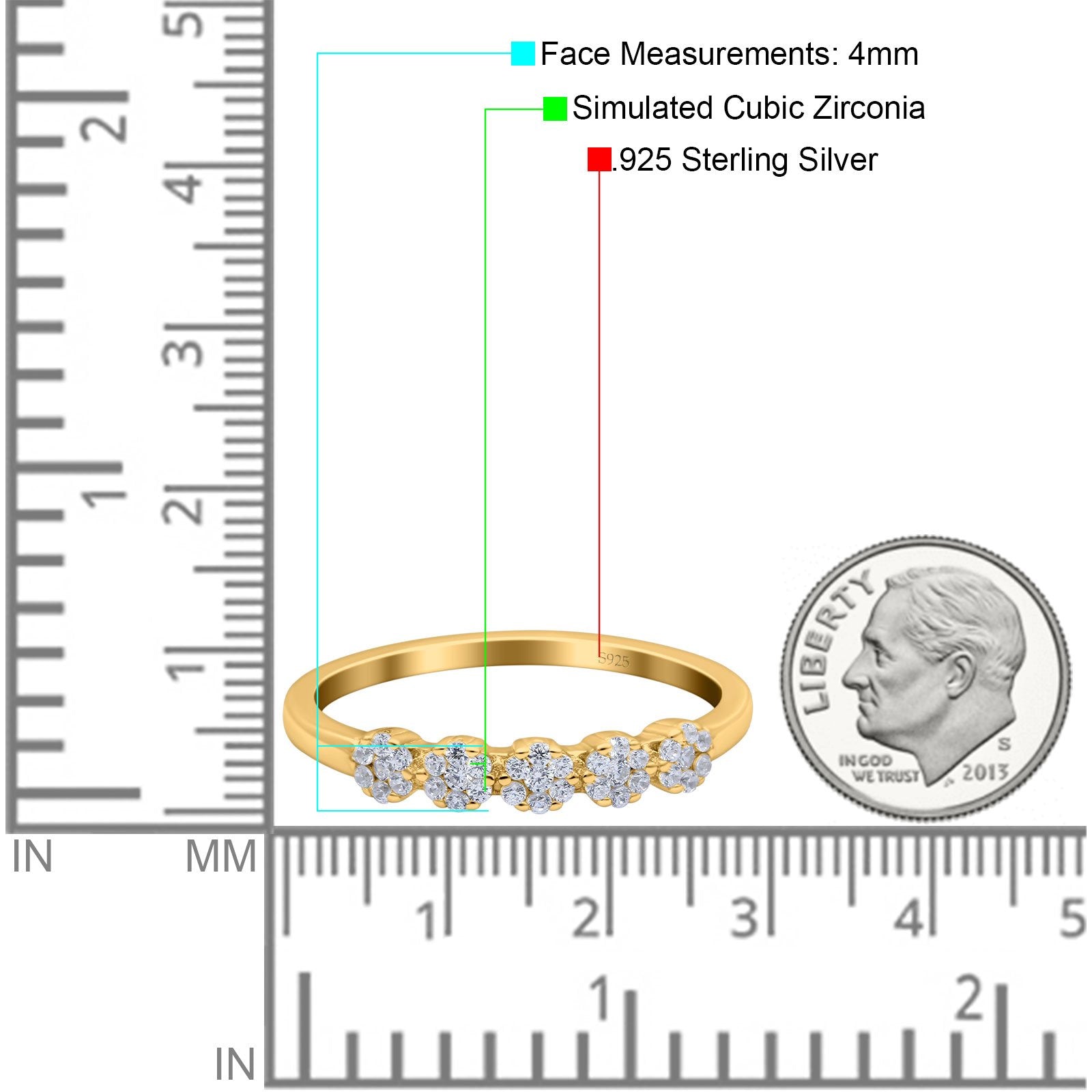 Five Flower Ring Wedding Engagement Band Round Pave Simulated Cubic Zirconia 925 Sterling Silver (4mm)