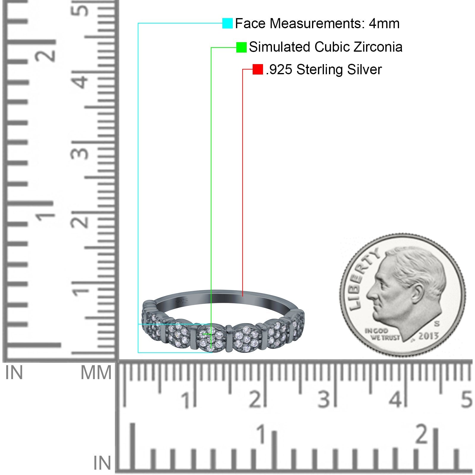Half Eternity Ring Wedding Engagement Band Round Pave Simulated Cubic Zirconia 925 Sterling Silver (4mm)