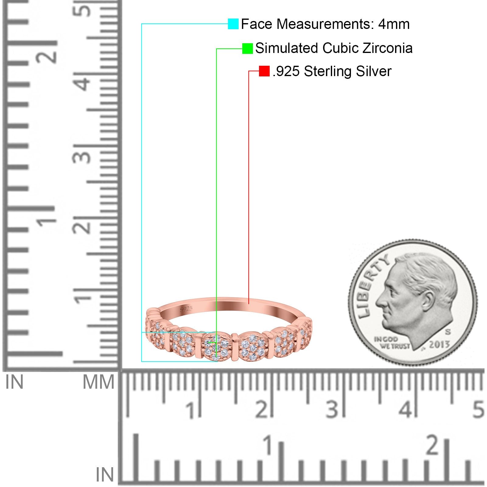 Half Eternity Ring Wedding Engagement Band Round Pave Simulated Cubic Zirconia 925 Sterling Silver (4mm)