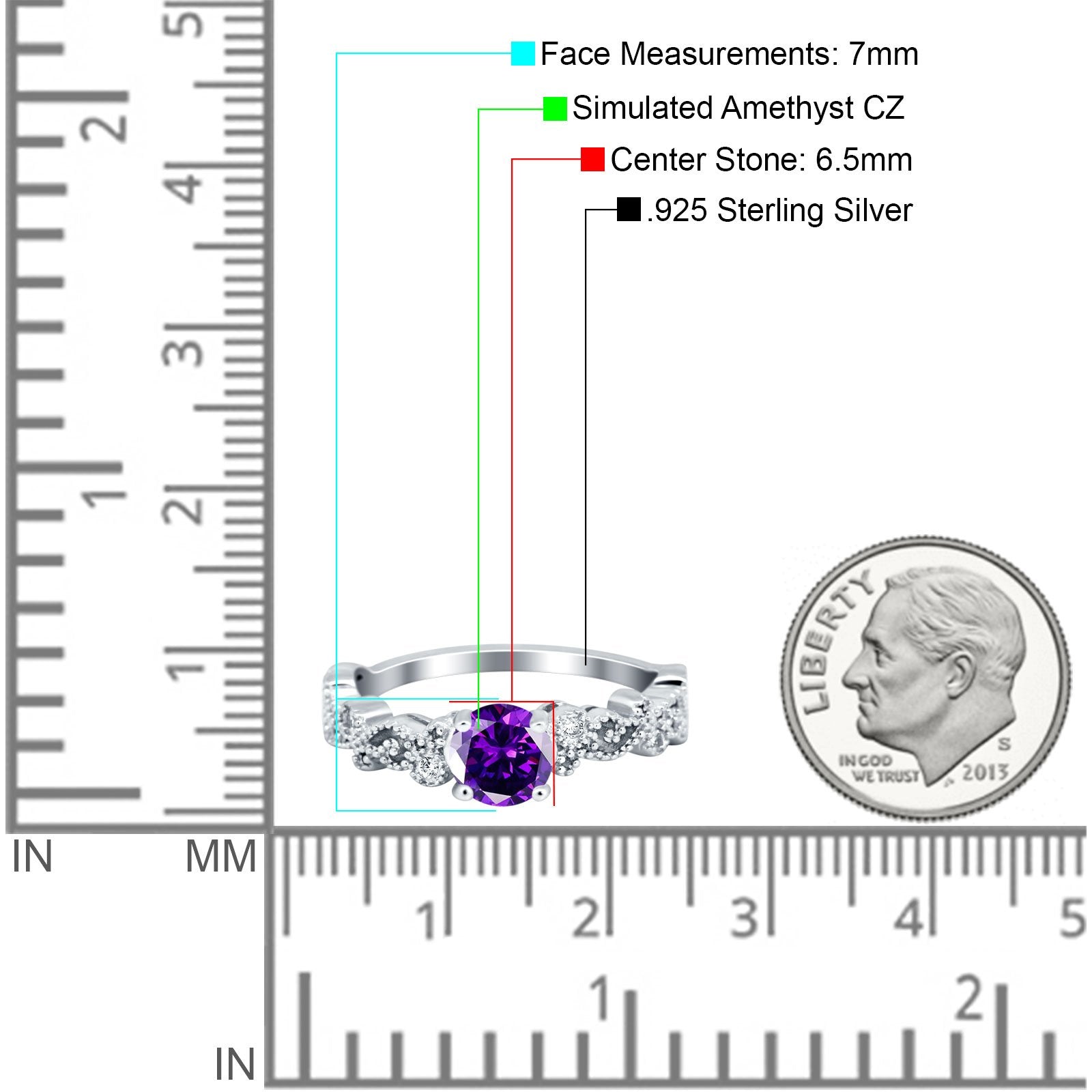 Filigree Art Deco Wedding Ring Round Simulated Cubic Zirconia 925 Sterling Silver