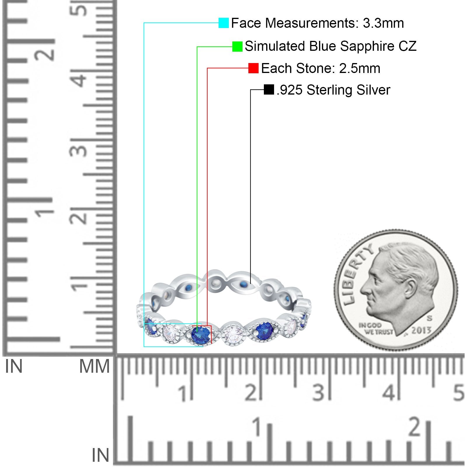 Curved Marquise Art Dec Full Eternity Stackable Band Simulated Blue Sapphire & Cubic Zirconia 925 Sterling Silver