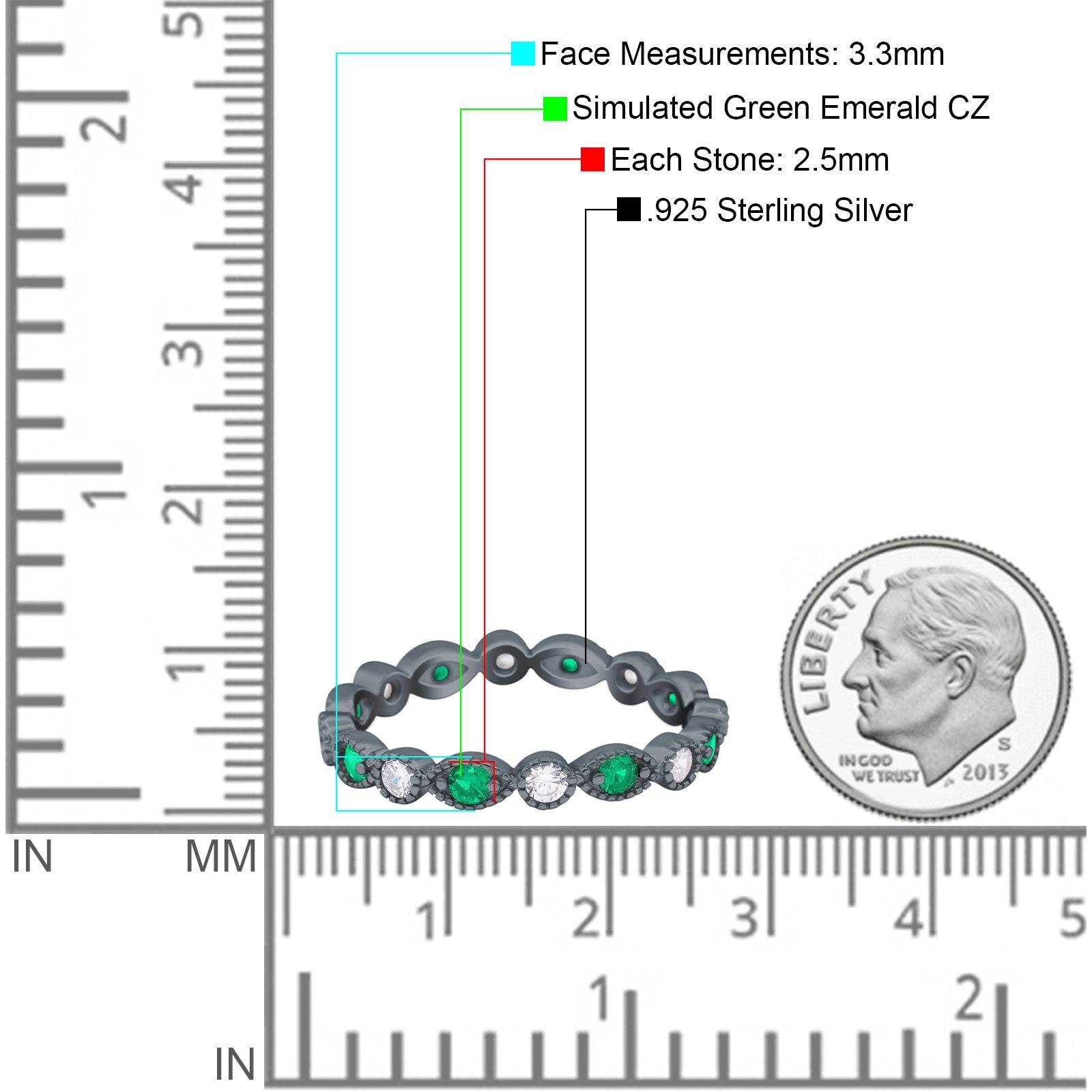 Curved Marquise Art Dec Full Eternity Stackable Band Simulated Green Emerald & Cubic Zirconia 925 Sterling Silver