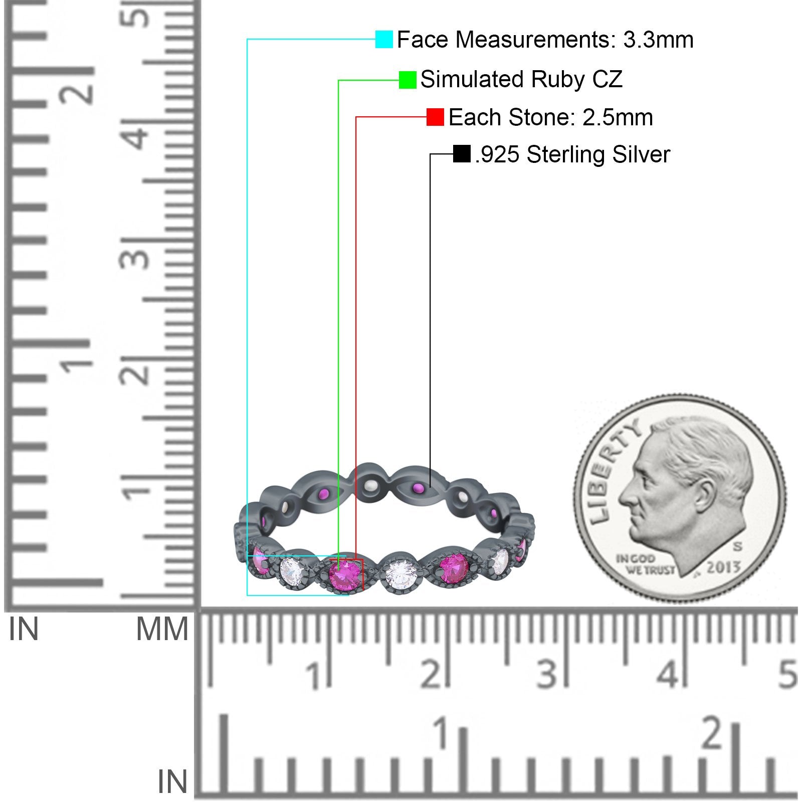 Curved Marquise Art Dec Full Eternity Stackable Band Simulated Ruby  & Cubic Zirconia 925 Sterling Silver