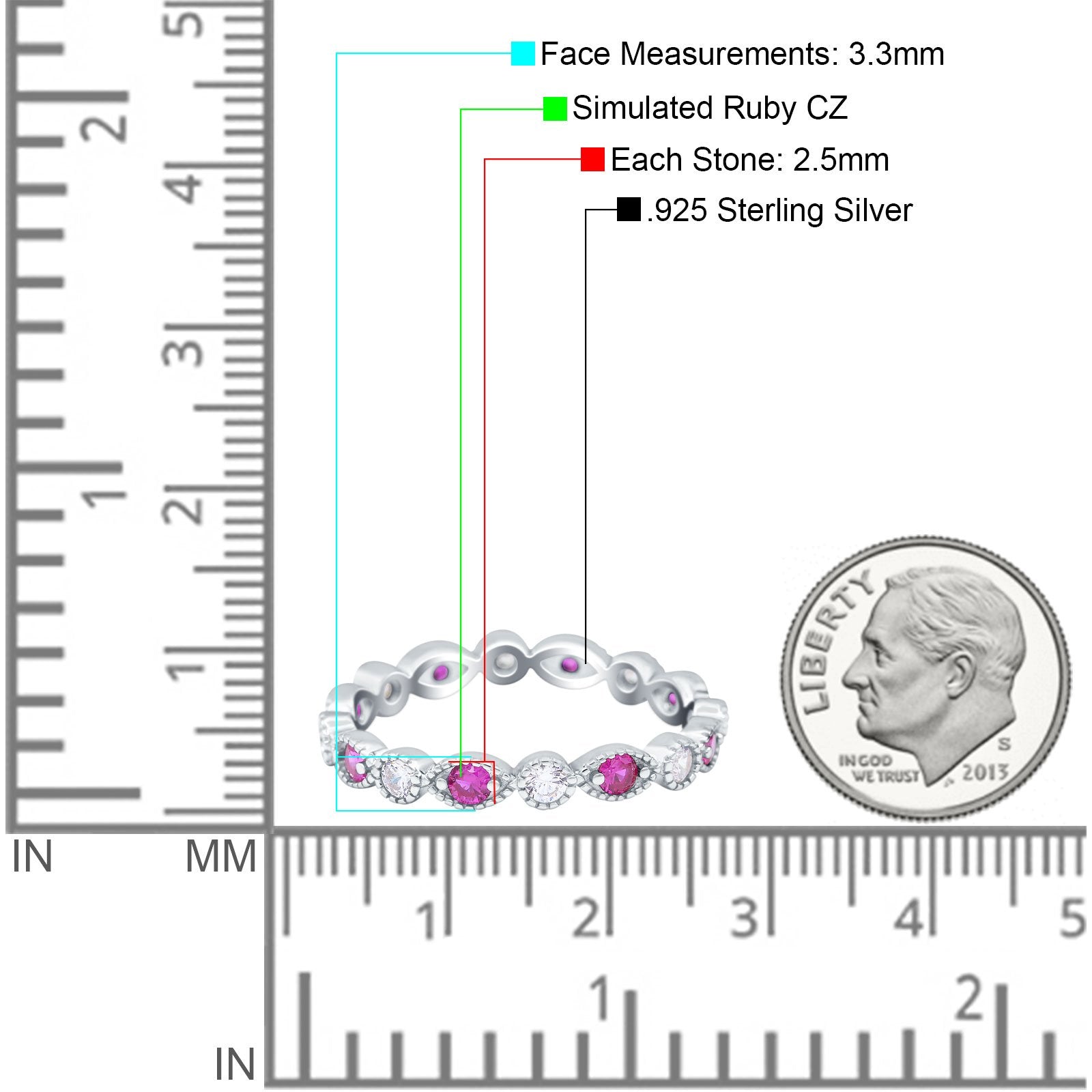 Curved Marquise Art Dec Full Eternity Stackable Band Simulated Ruby  & Cubic Zirconia 925 Sterling Silver