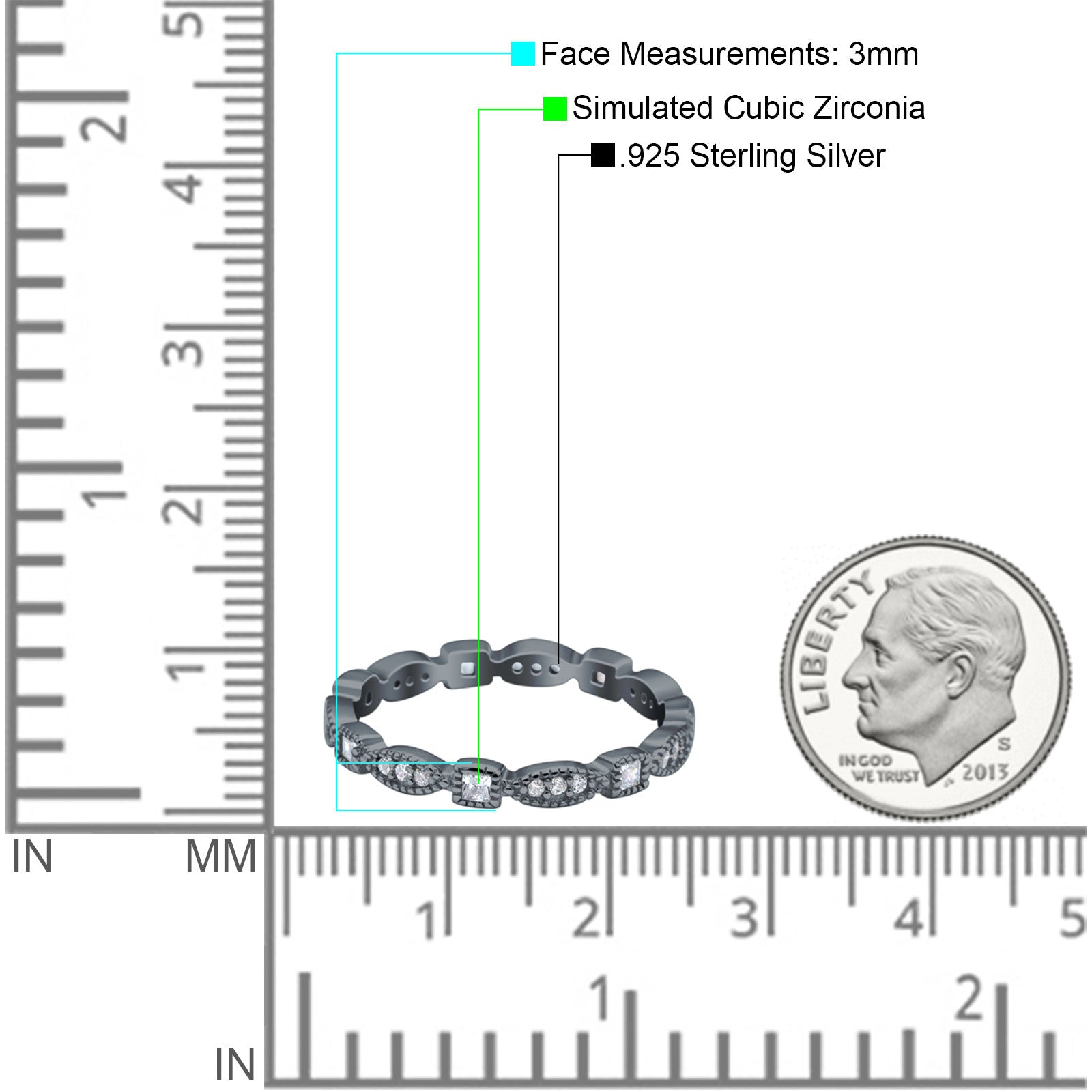 Full Eternity Stackable Ring Wedding Band Round Simulated Cubic Zirconia 925 Sterling Silver (3mm)