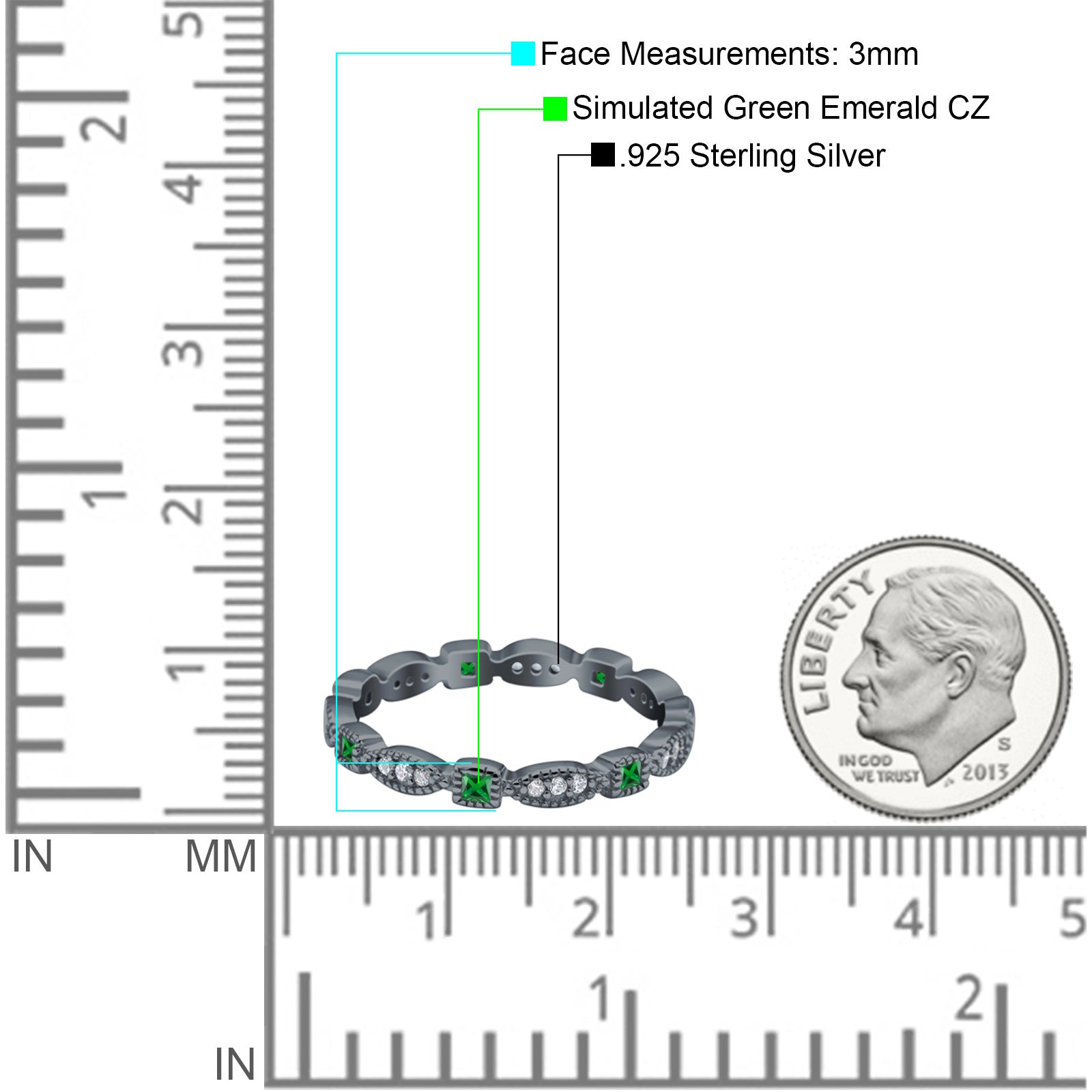 Full Eternity Stackable Ring Wedding Band Round Simulated Cubic Zirconia 925 Sterling Silver (3mm)