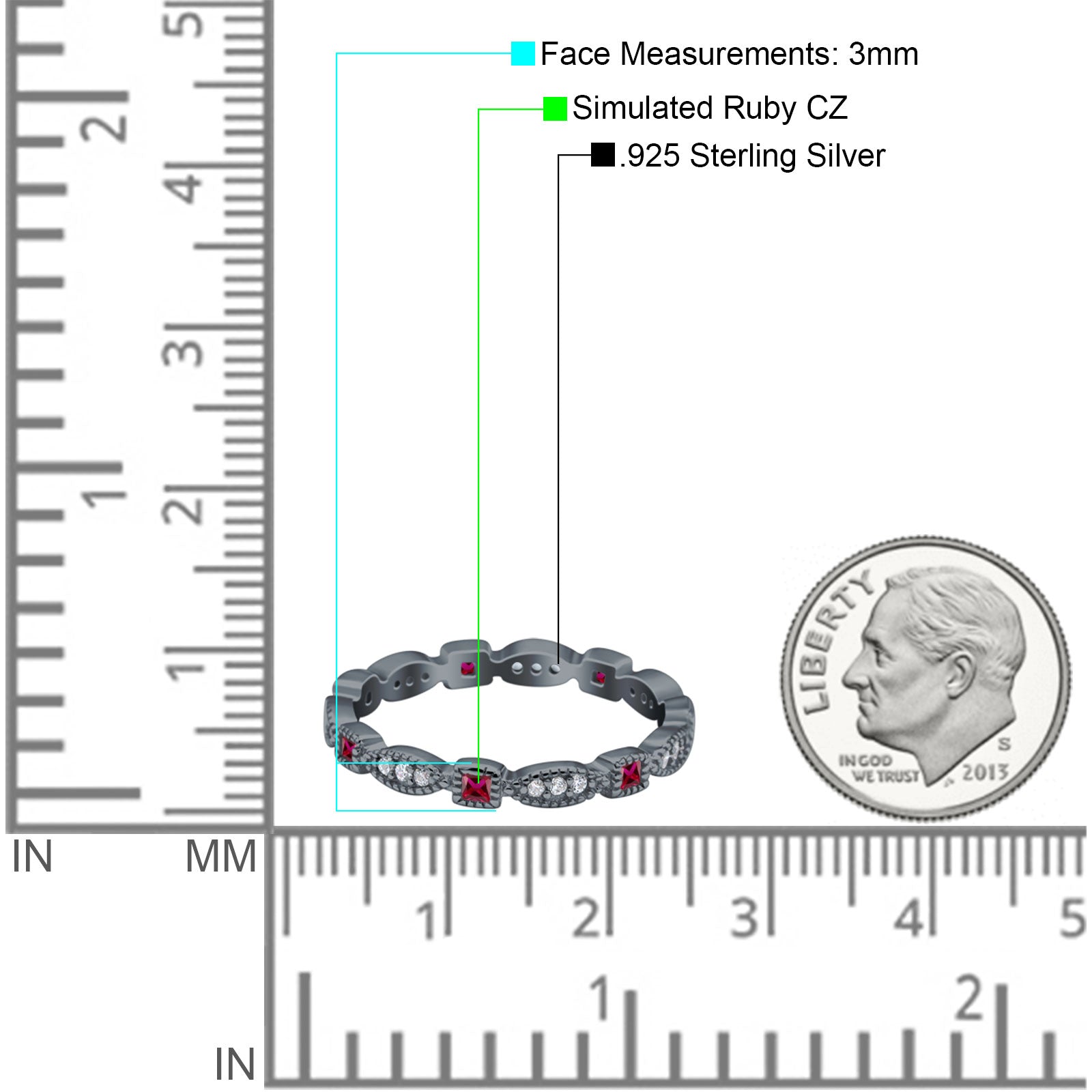 Full Eternity Stackable Ring Wedding Band Round Simulated Cubic Zirconia 925 Sterling Silver (3mm)