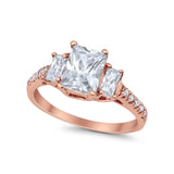 Emerald Cut Engagement Ring Round Simulated Cubic Zirconia 925 Sterling Silver