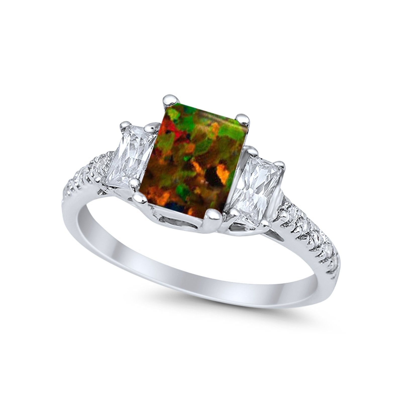 Emerald Cut Engagement Ring Round Simulated Cubic Zirconia 925 Sterling Silver