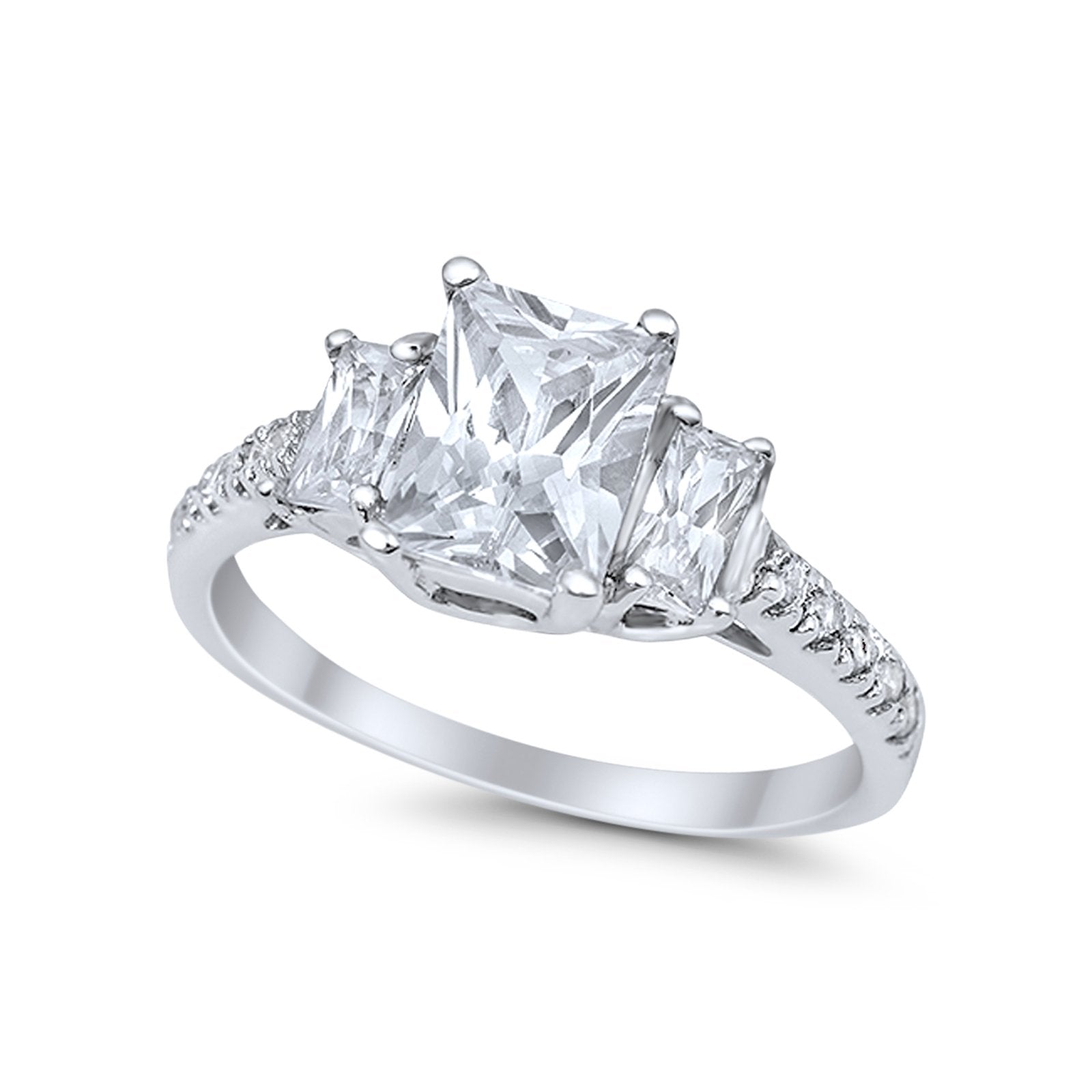 Emerald Cut Engagement Ring Round Simulated Cubic Zirconia 925 Sterling Silver