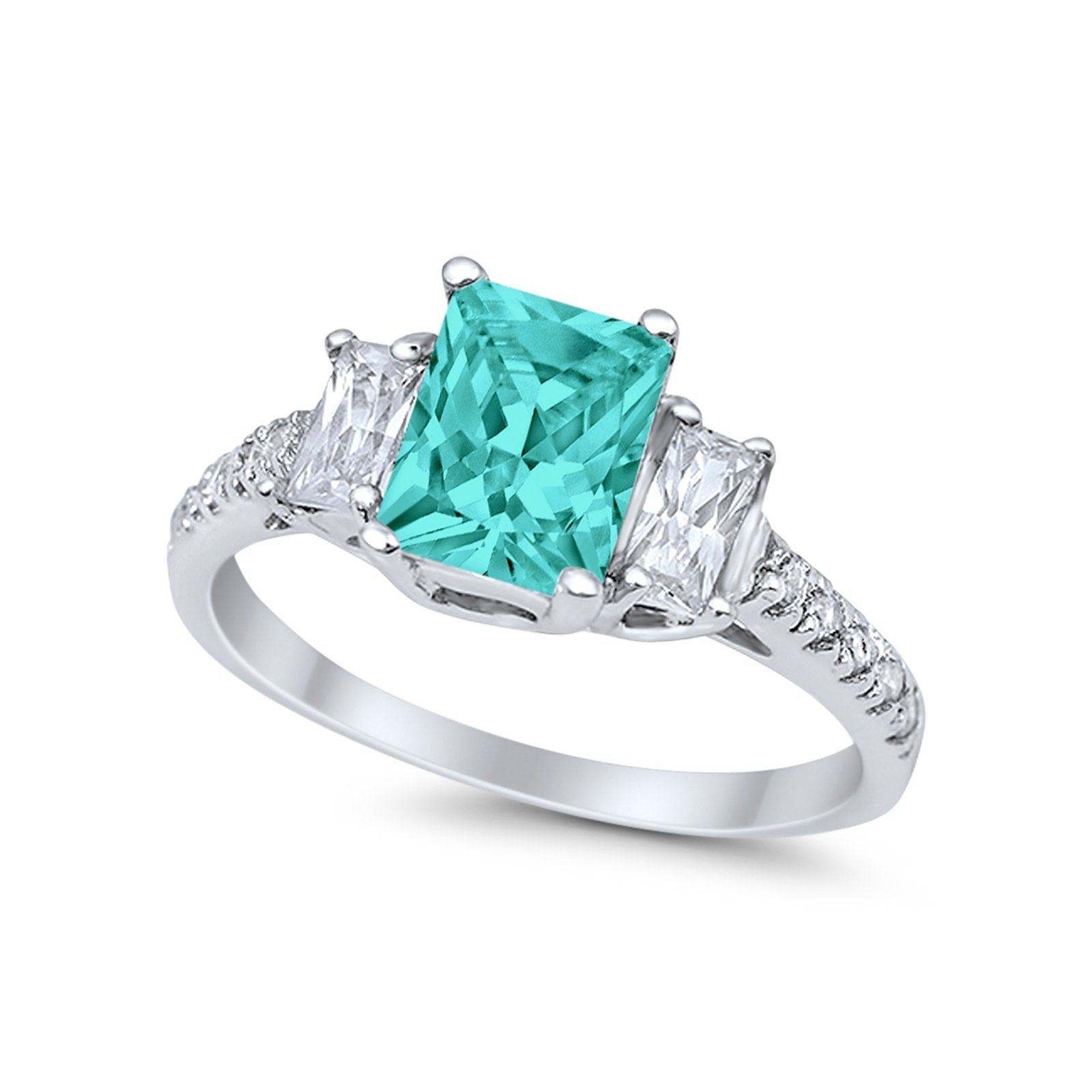Emerald Cut Engagement Ring Round Simulated Cubic Zirconia 925 Sterling Silver