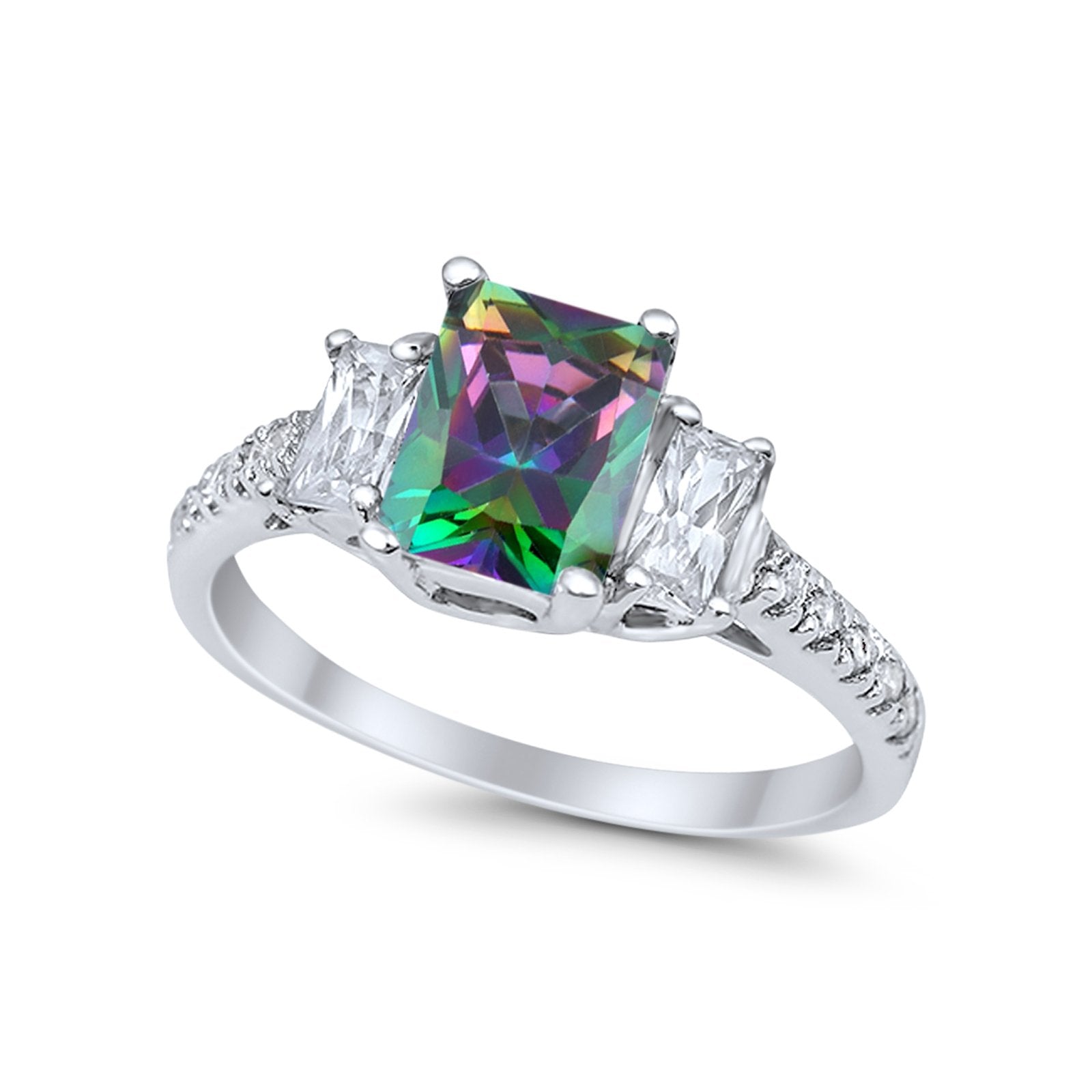 Emerald Cut Engagement Ring Round Simulated Cubic Zirconia 925 Sterling Silver