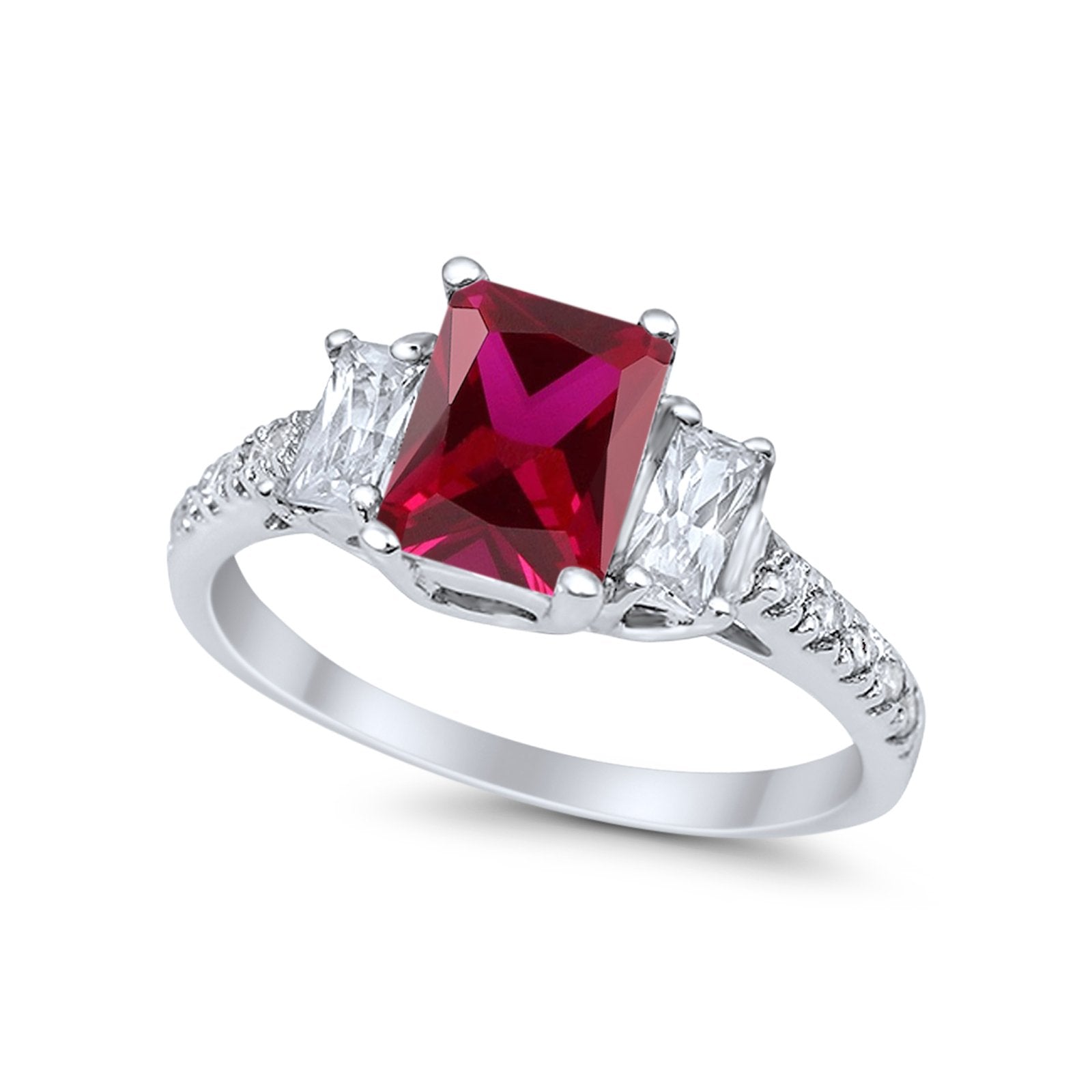 Emerald Cut Engagement Ring Round Simulated Cubic Zirconia 925 Sterling Silver