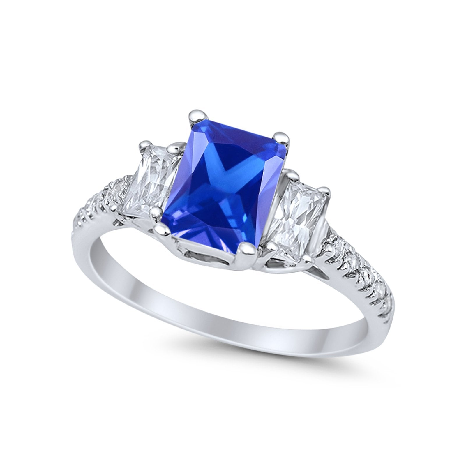 Emerald Cut Engagement Ring Round Simulated Cubic Zirconia 925 Sterling Silver