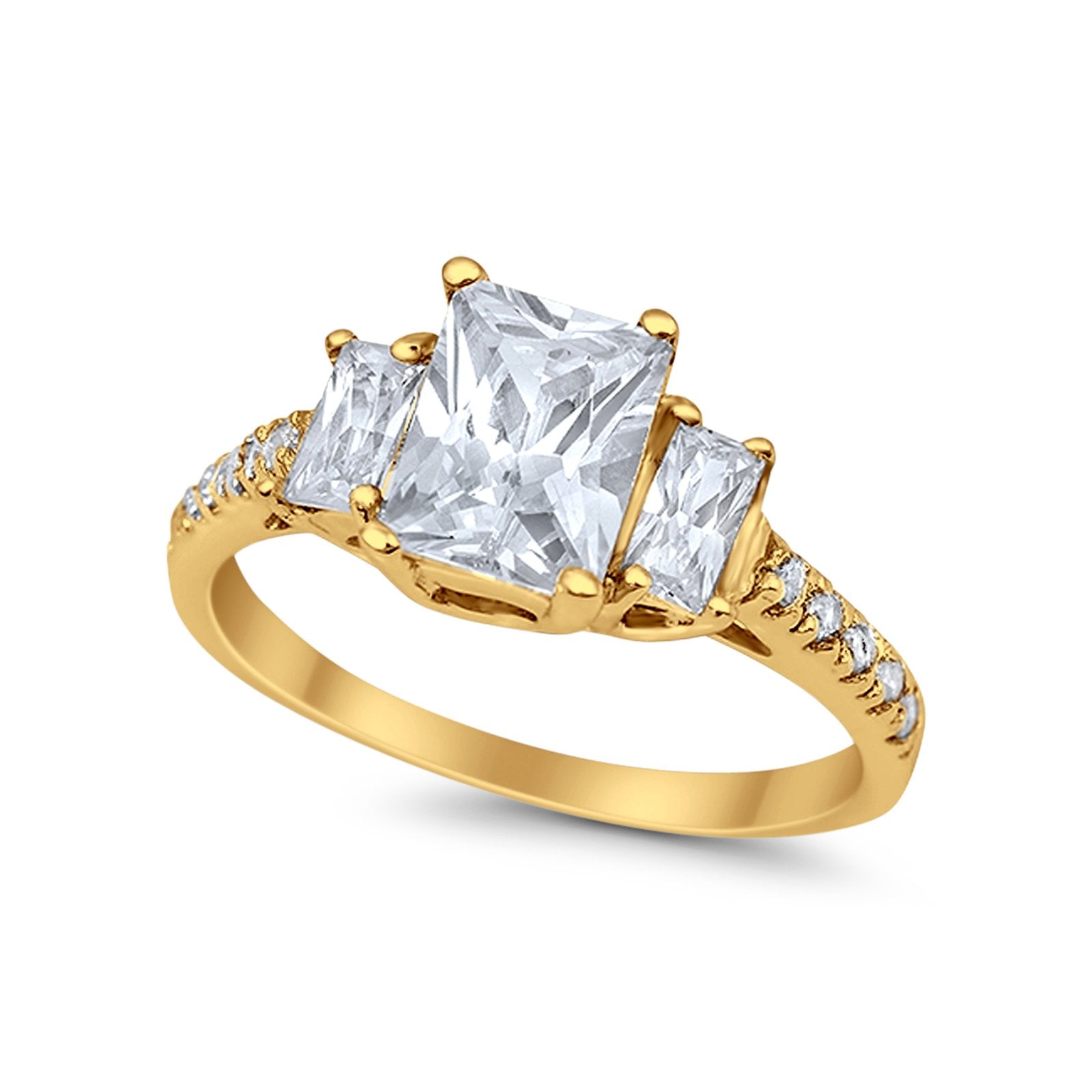 Emerald Cut Engagement Ring Round Simulated Cubic Zirconia 925 Sterling Silver