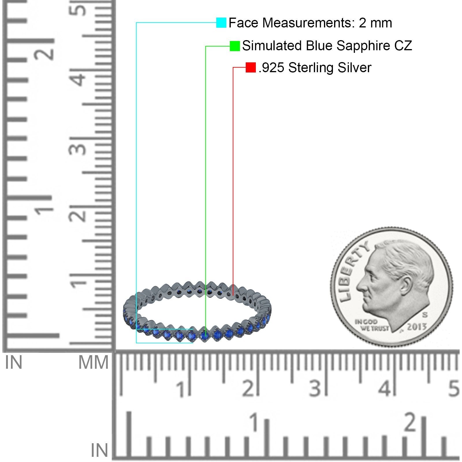 2mm Full Eternity Wedding Band Ring Simulated Cubic Zirconia 925 Sterling Silver