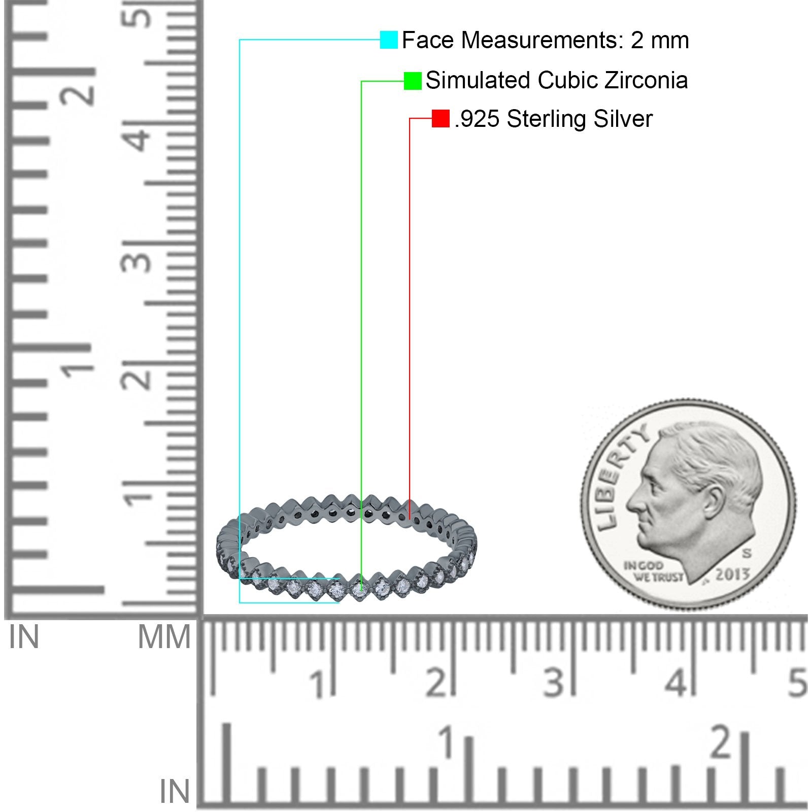 2mm Full Eternity Wedding Band Ring Simulated Cubic Zirconia 925 Sterling Silver