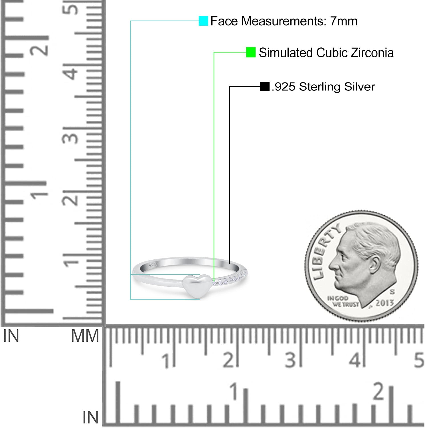 Wedding Heart Promise Ring Round Simulated Cubic Zirconia 925 Sterling Silver