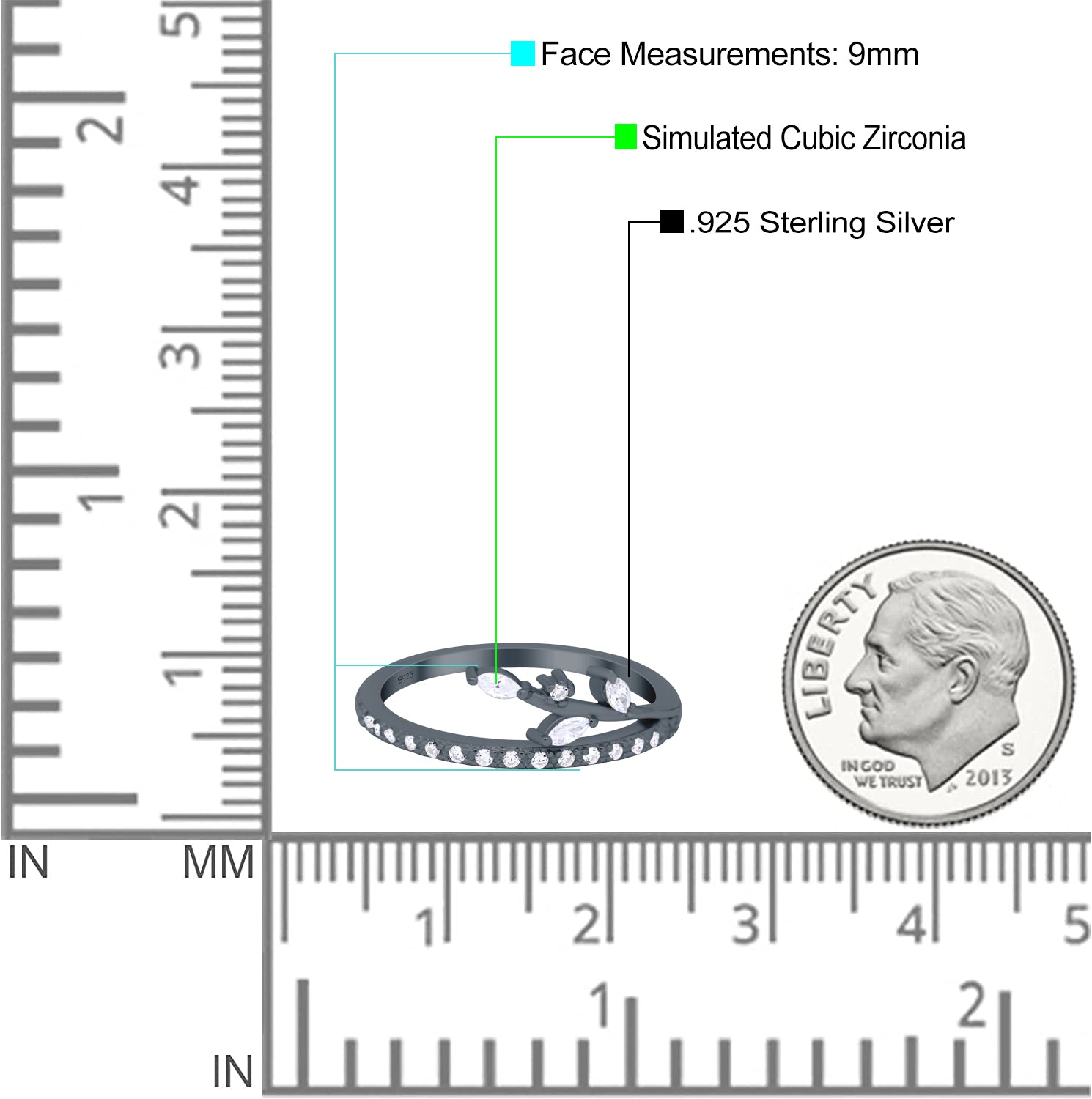 Half Eternity Fashion Ring Marquise Simulated Cubic Zirconia 925 Sterling Silver (9mm)