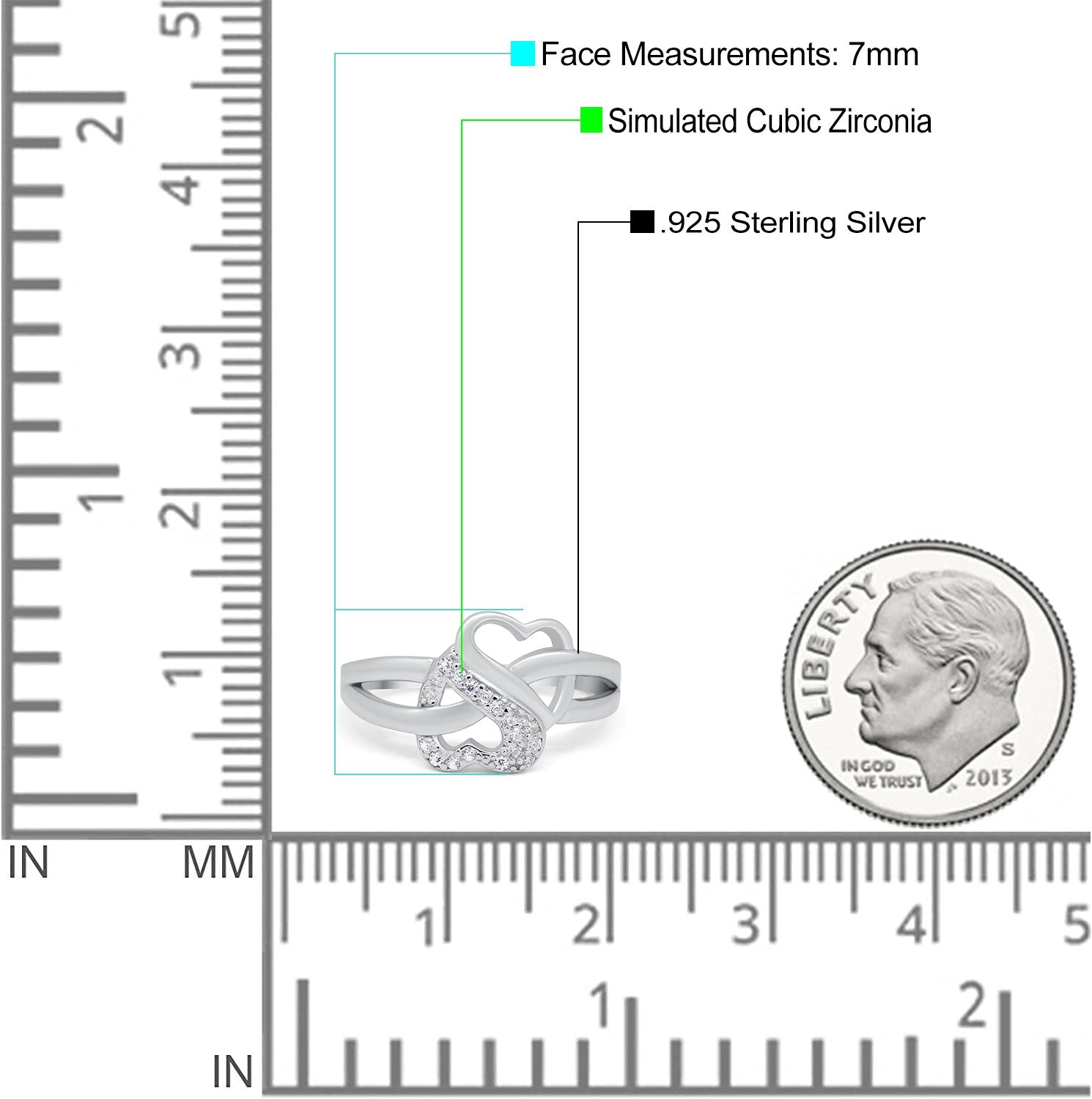 Infinity Double Heart Promise Ring Round Simulated Cubic Zirconia 925 Sterling Silver