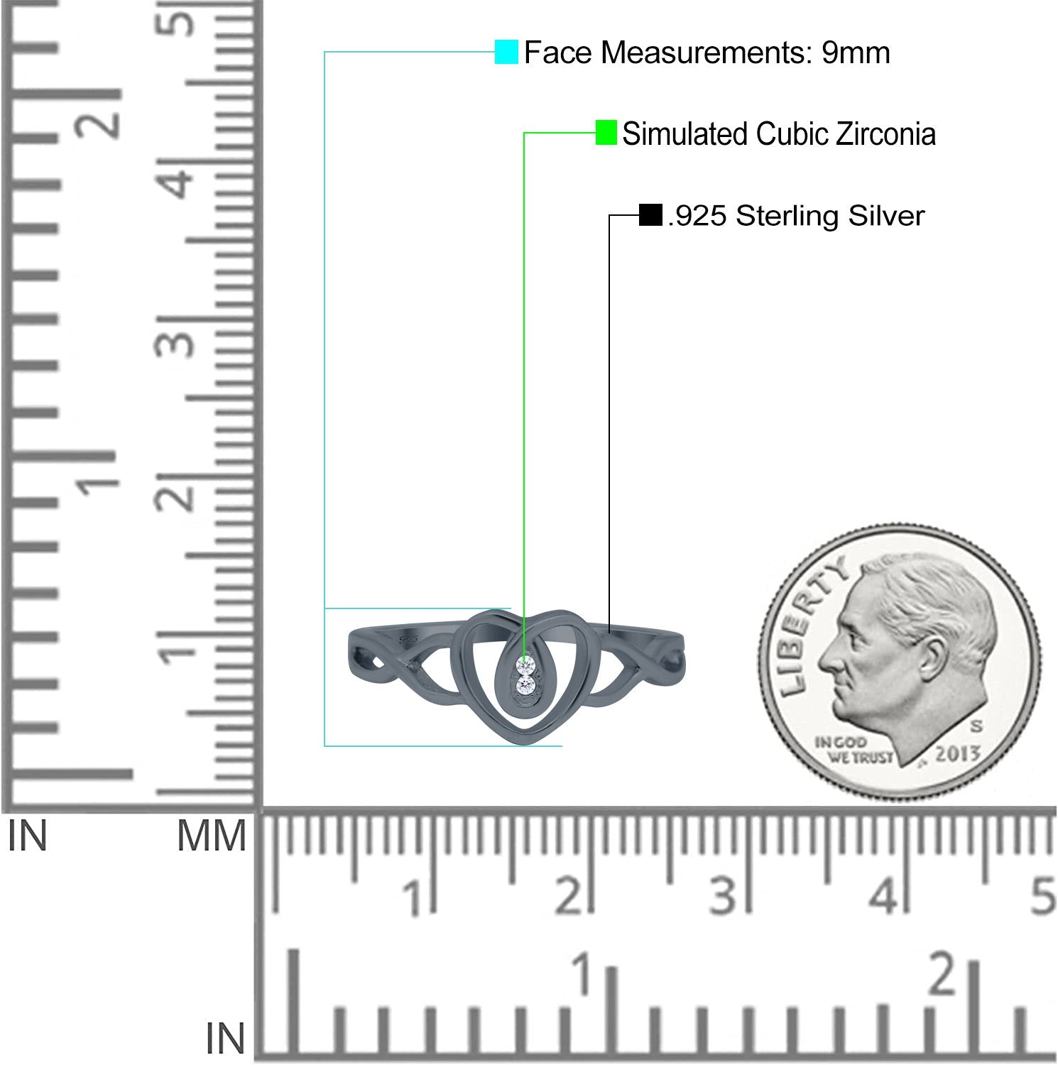 Fashion Heart Promise Ring Infinity Shank Round Simulated Cubic Zirconia 925 Sterling Silver (9mm)