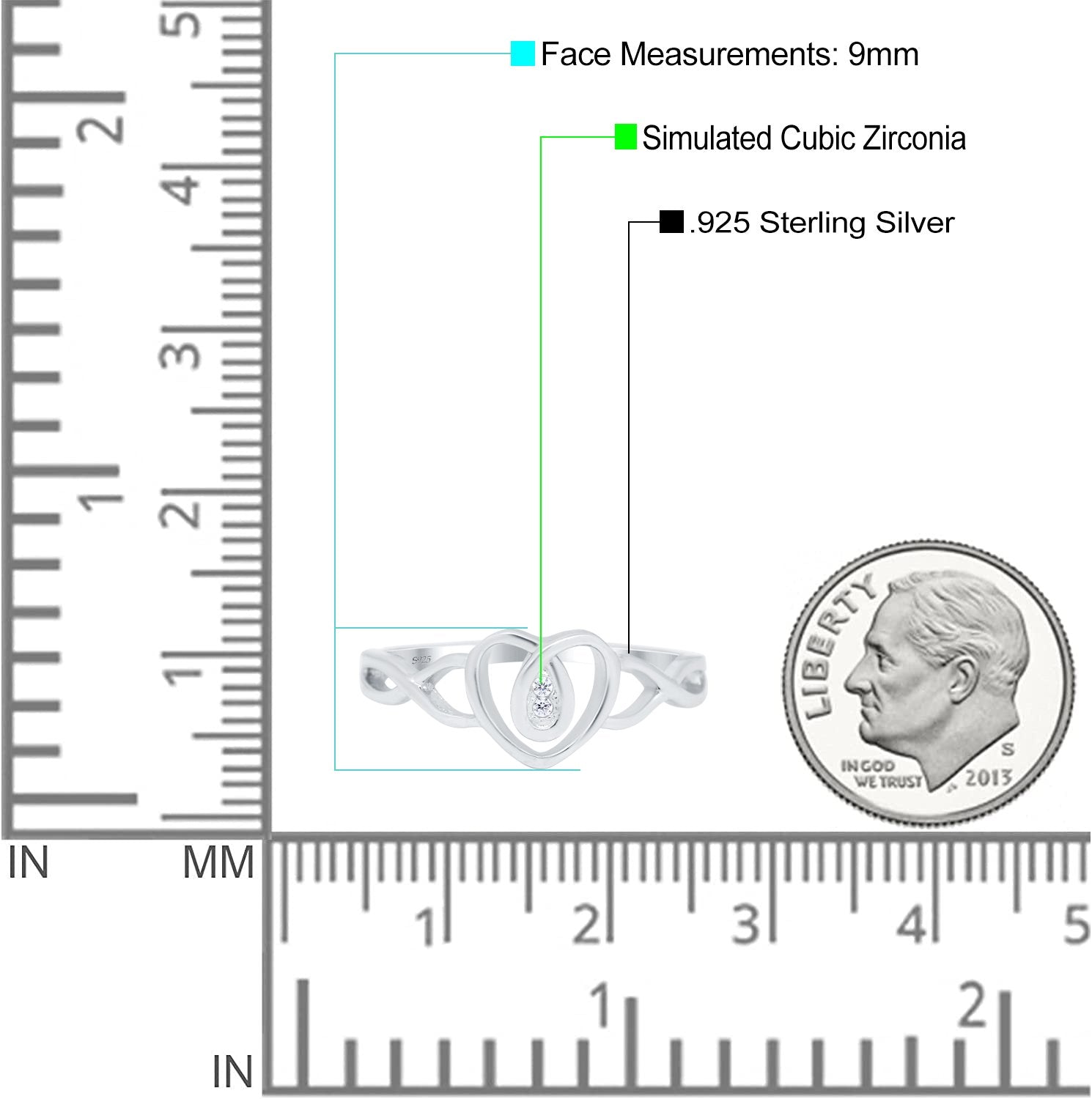Fashion Heart Promise Ring Infinity Shank Round Simulated Cubic Zirconia 925 Sterling Silver (9mm)