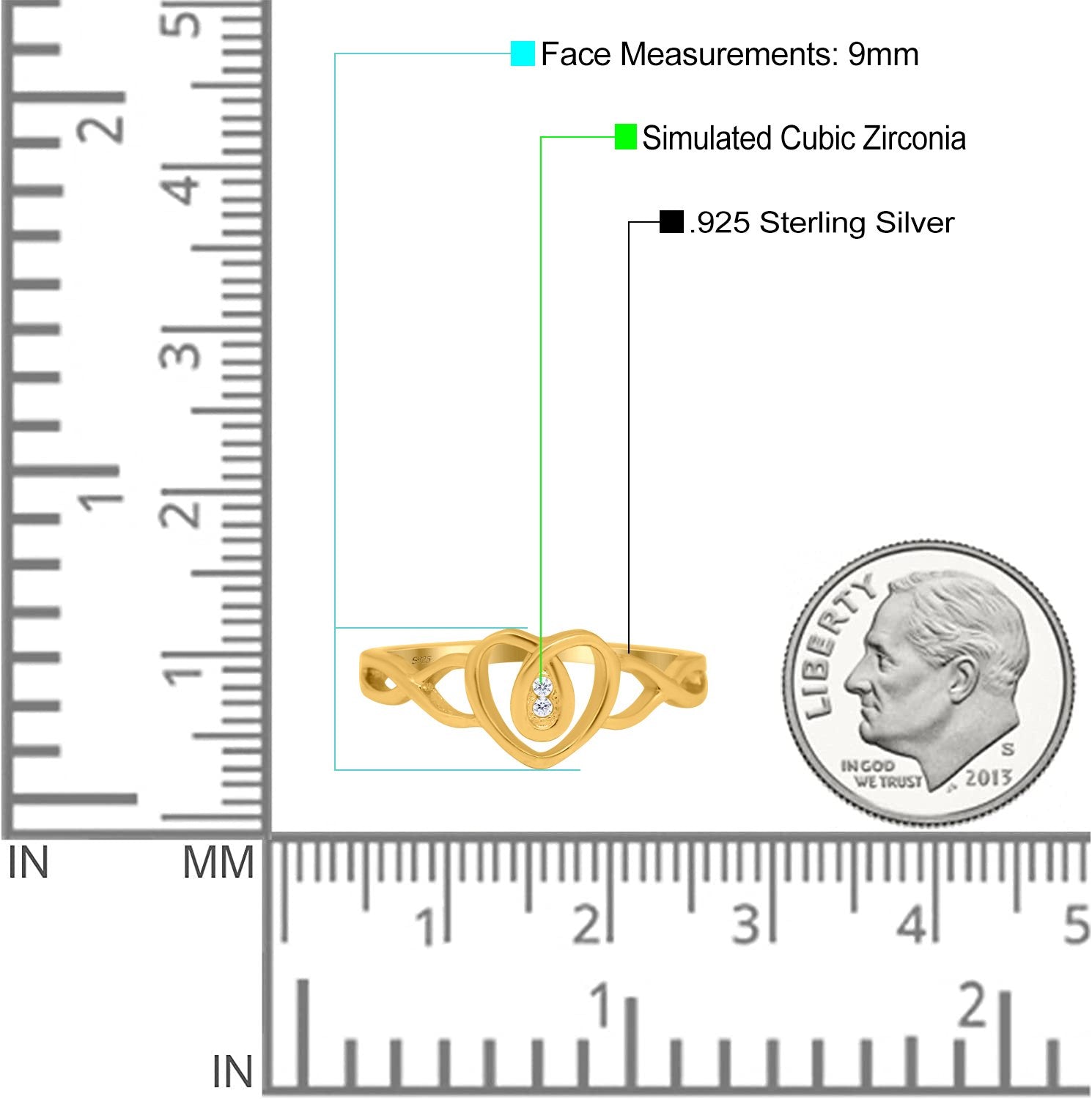 Fashion Heart Promise Ring Infinity Shank Round Simulated Cubic Zirconia 925 Sterling Silver (9mm)