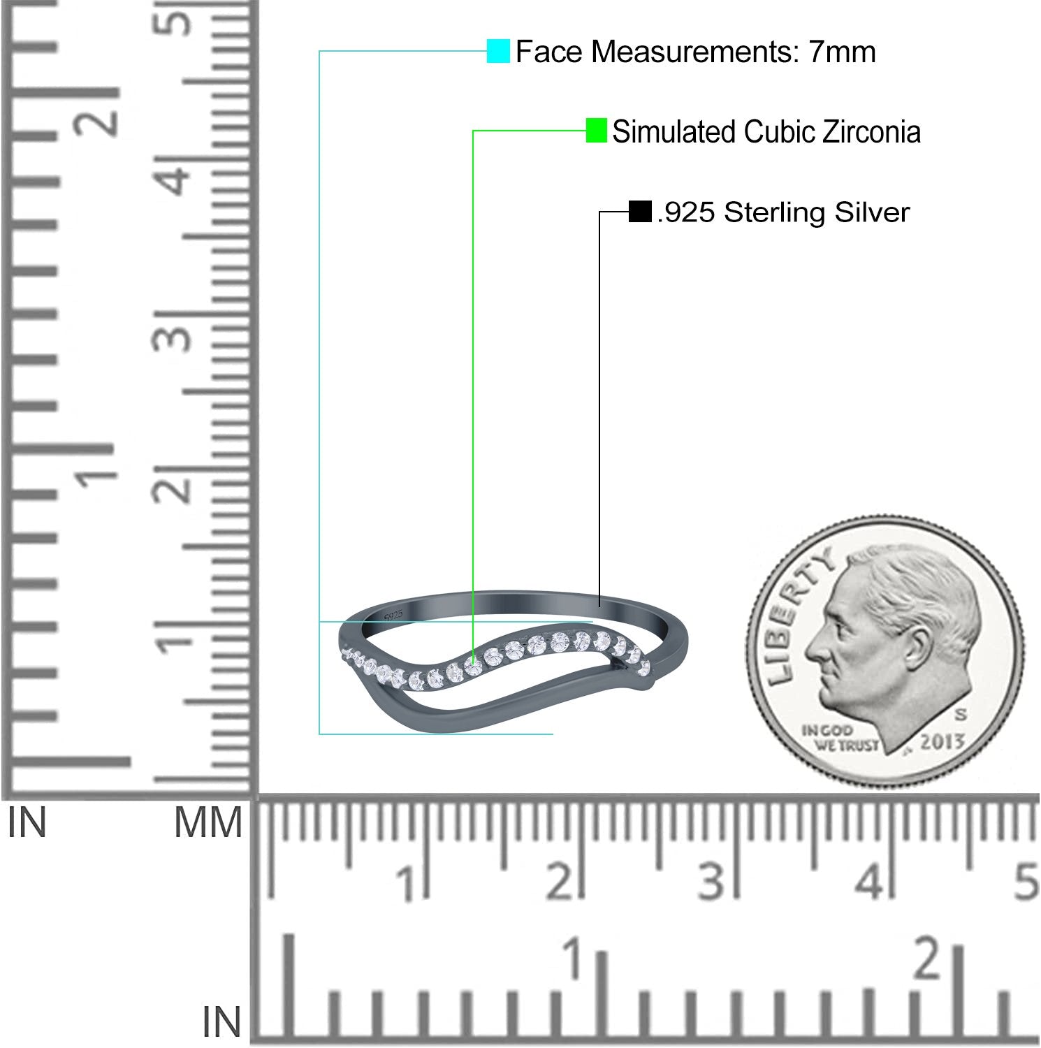 Wave Ring Half Eternity Round Simulated Cubic Zirconia 925 Sterling Silver (7mm)