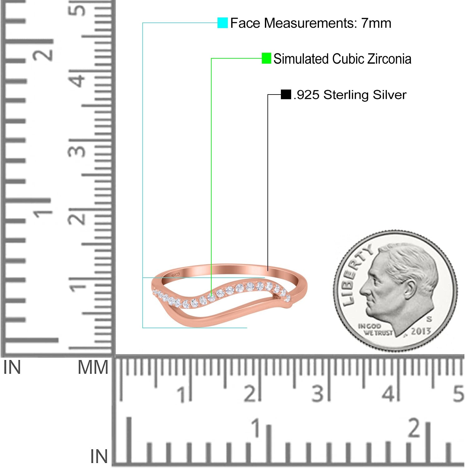 Wave Ring Half Eternity Round Simulated Cubic Zirconia 925 Sterling Silver (7mm)