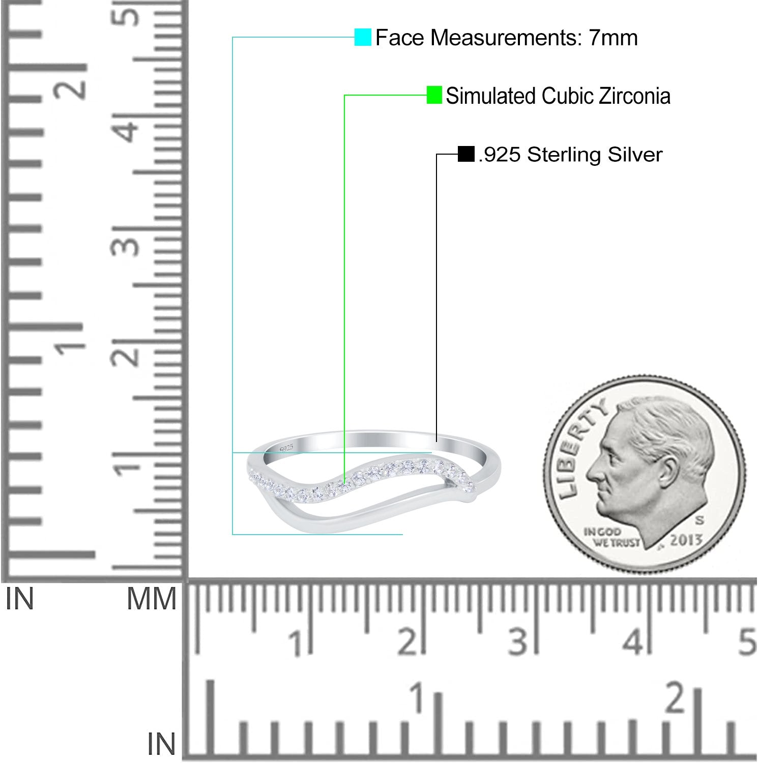 Wave Ring Half Eternity Round Simulated Cubic Zirconia 925 Sterling Silver (7mm)