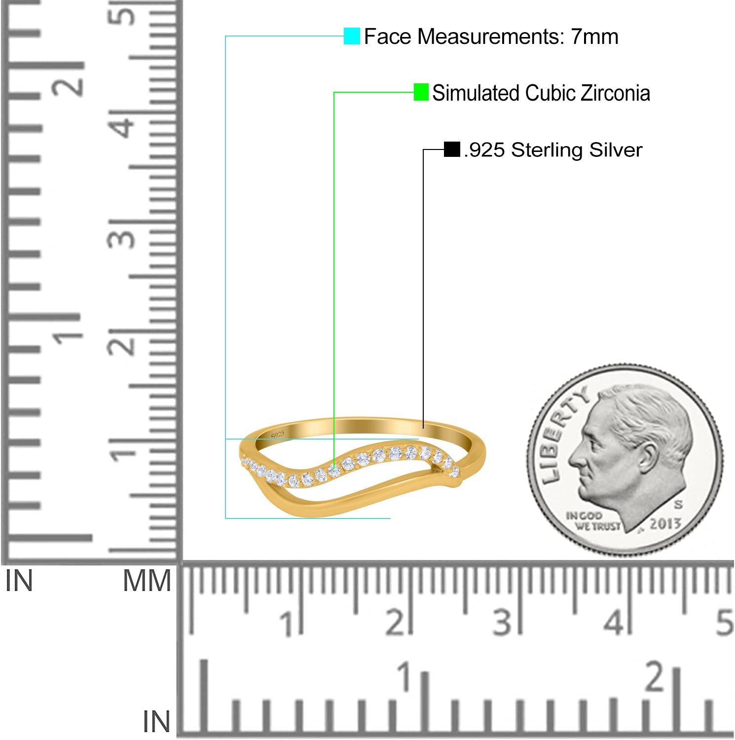 Wave Ring Half Eternity Round Simulated Cubic Zirconia 925 Sterling Silver (7mm)